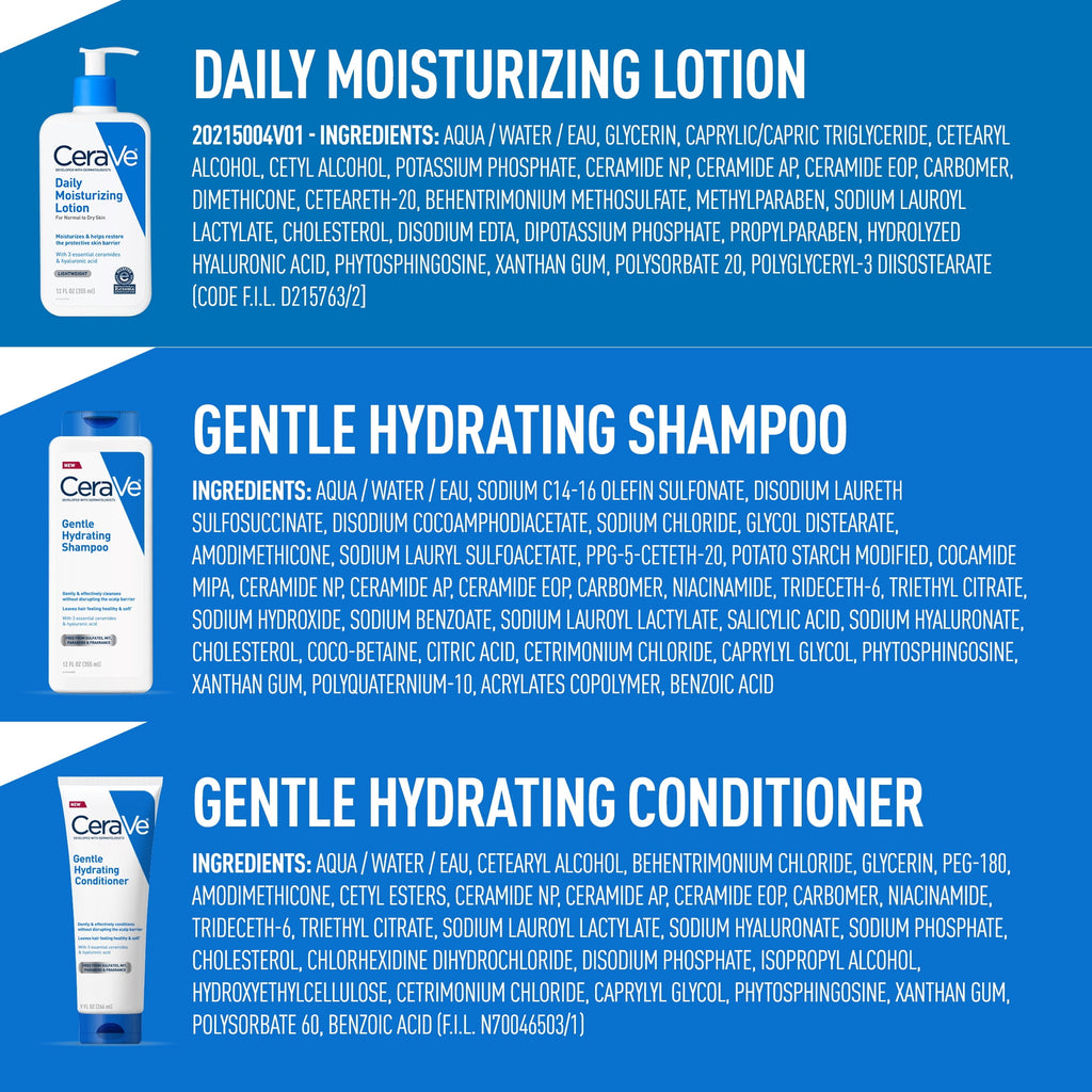 CeraVe Daily Moisturizing Lotion 12 oz, Gentle Hydrating Shampoo & Conditioner (2 x 1oz)
