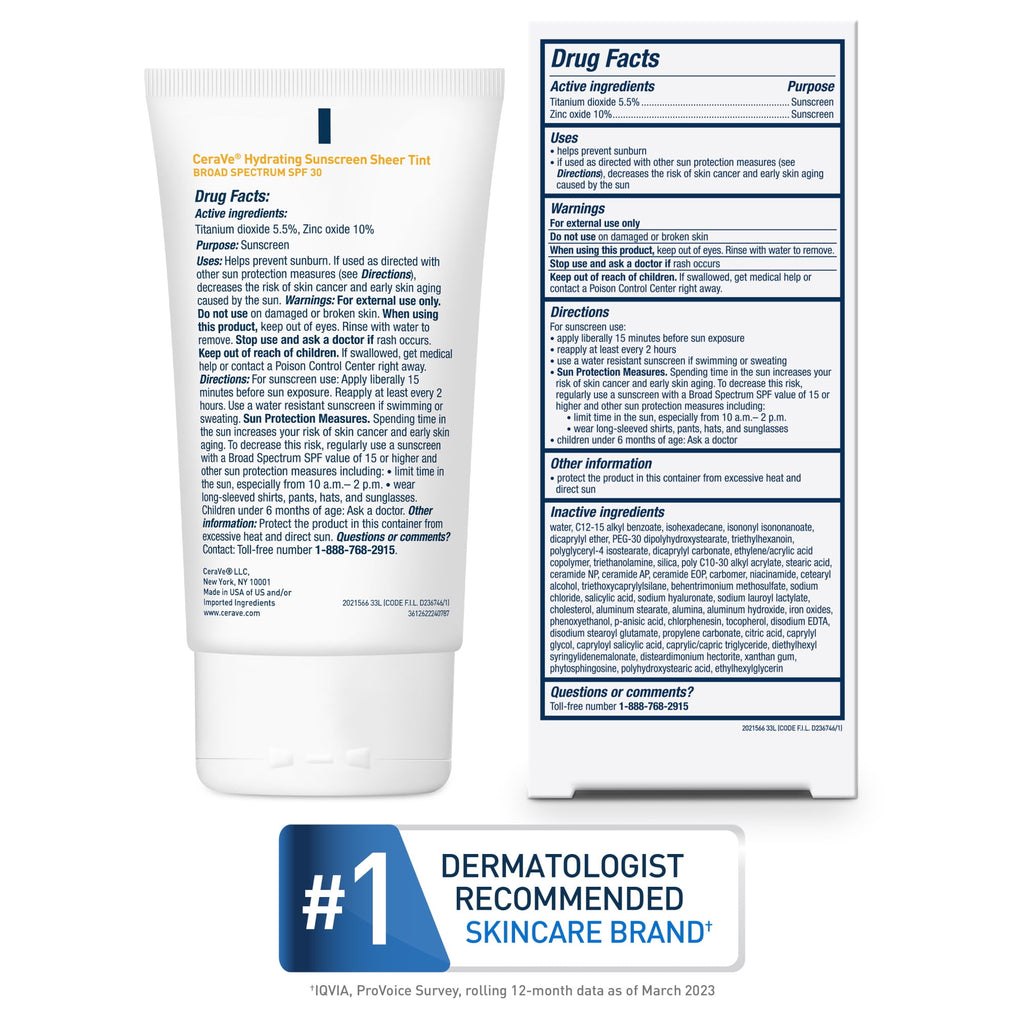 (2 pack) CeraVe Sunscreen Tinted Hydrating 100% Mineral Broad-Spectrum Lotion SPF 30 for Face with Sheer Tint