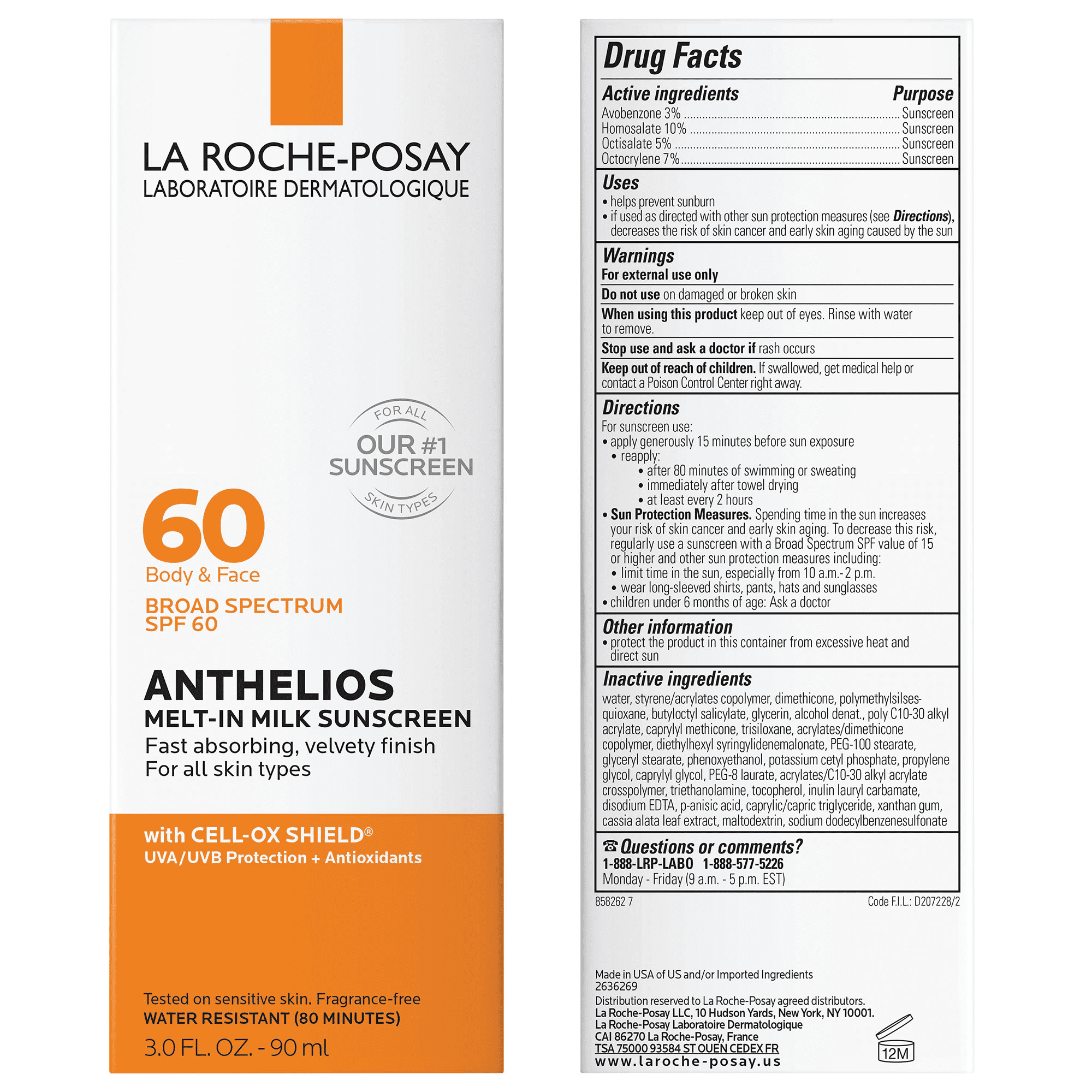 La Roche-Posay Anthelios Melt-In Milk Sunscreen SPF 60 Face and Body for All Skin Types 3.0 fl oz