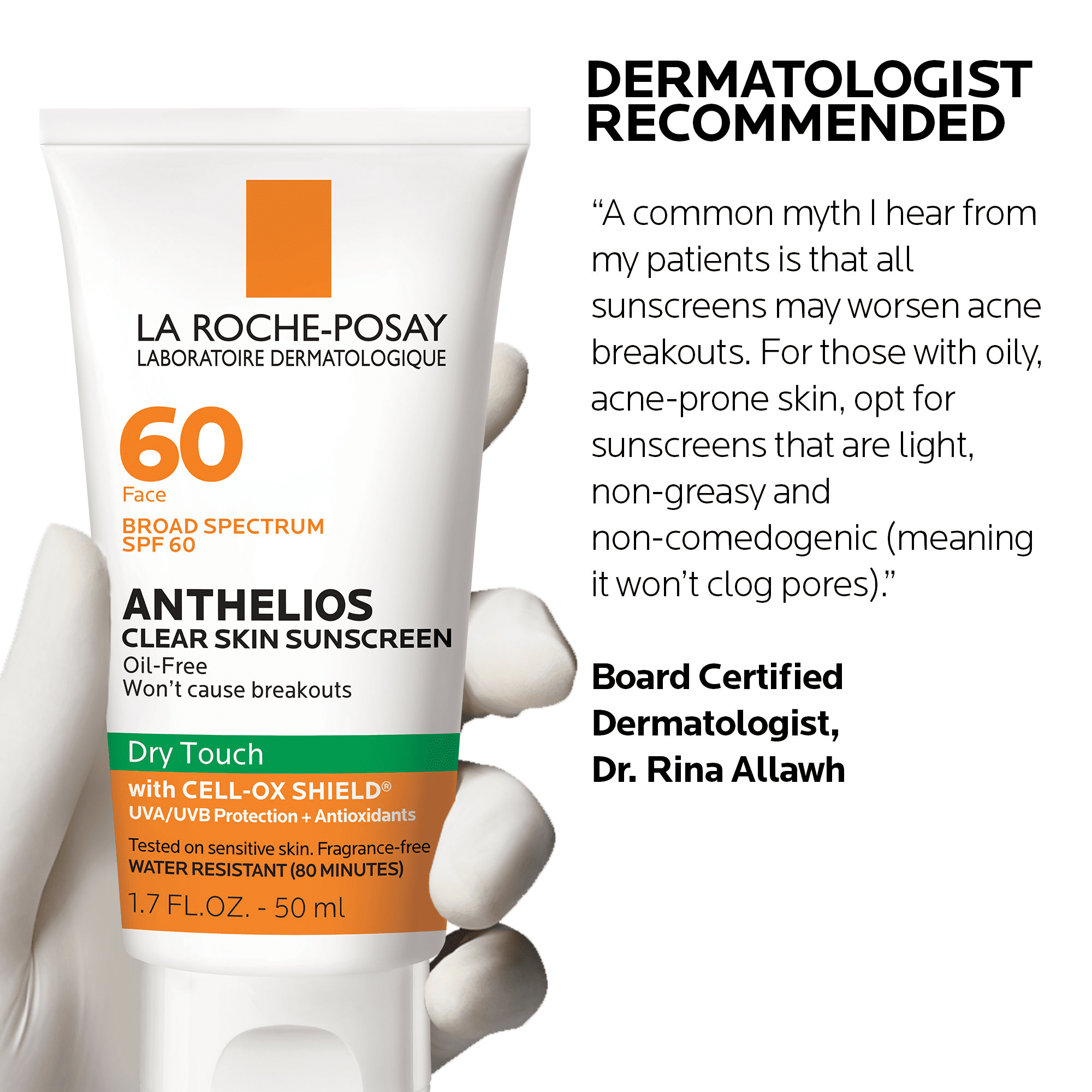 La Roche-Posay Anthelios Clear Skin Dry Touch Facial Sunscreen SPF 60 Oil-Free for All Skin Types,1.7 fl oz