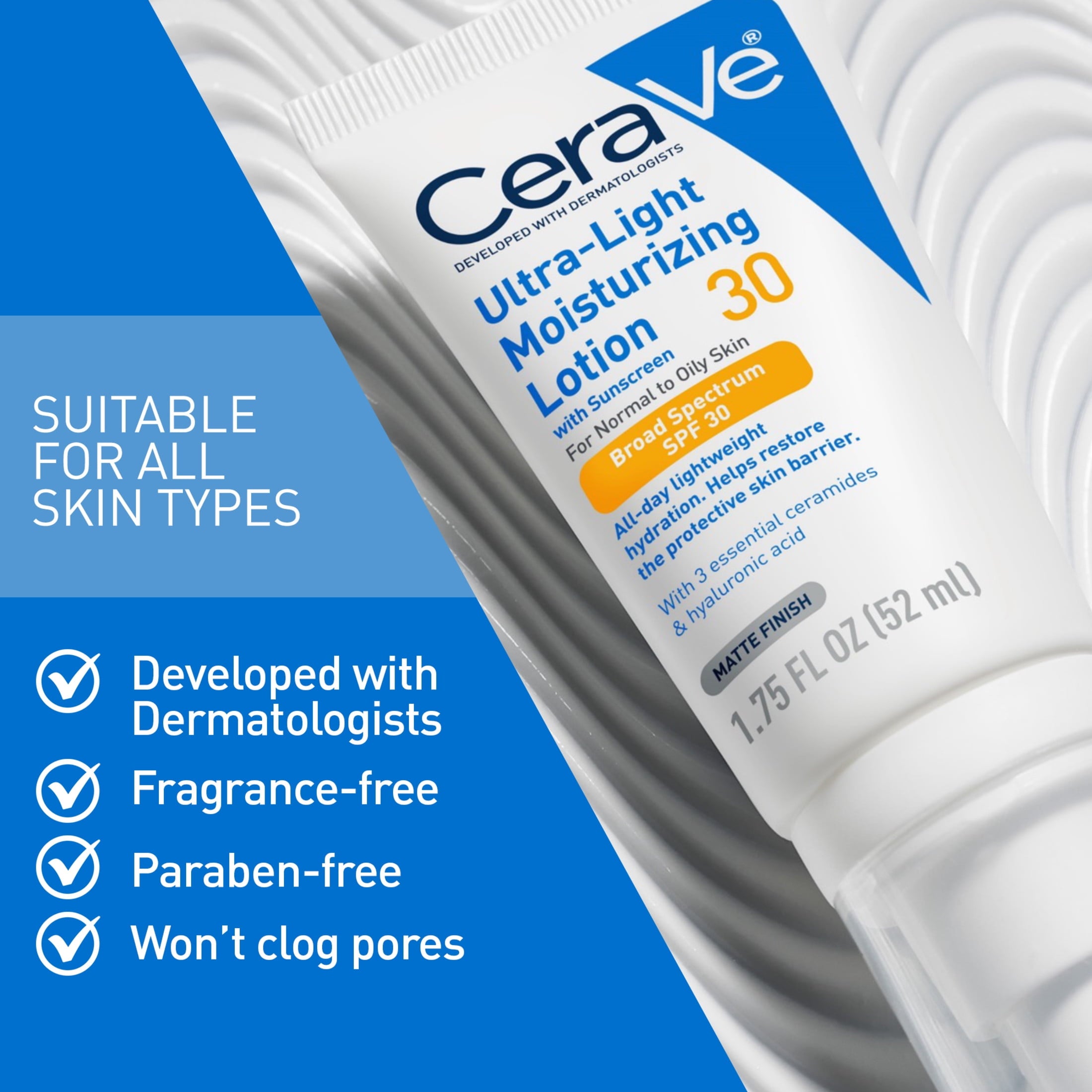 CeraVe Sunscreen Ultra-Light Moisturizing Face Lotion SPF 30 for Normal to Oily Skin, 1.75 fl oz