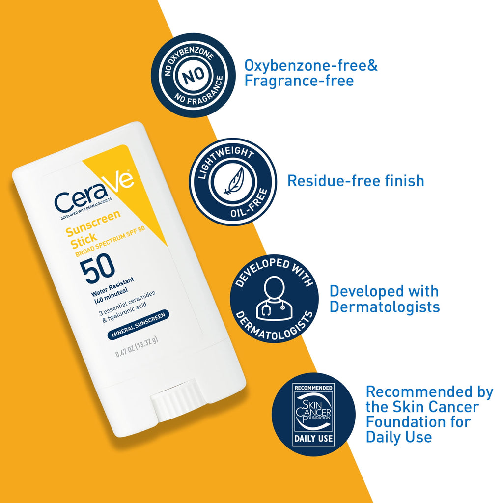 CeraVe Sunscreen Stick SPF 50, 0.47 Ounce, Mineral Sunscreen for Kids & Adults