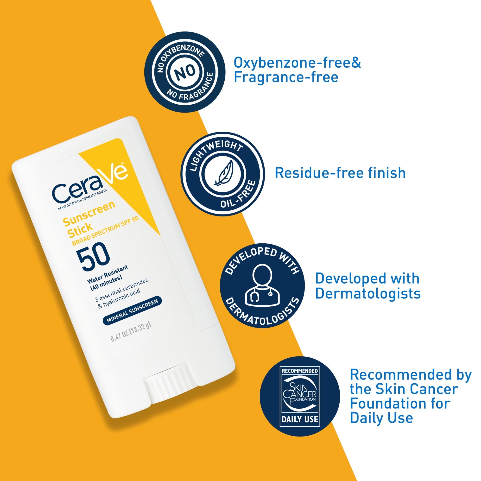 CeraVe Sunscreen Stick SPF 50, 0.47 Ounce, Mineral Sunscreen for Kids & Adults