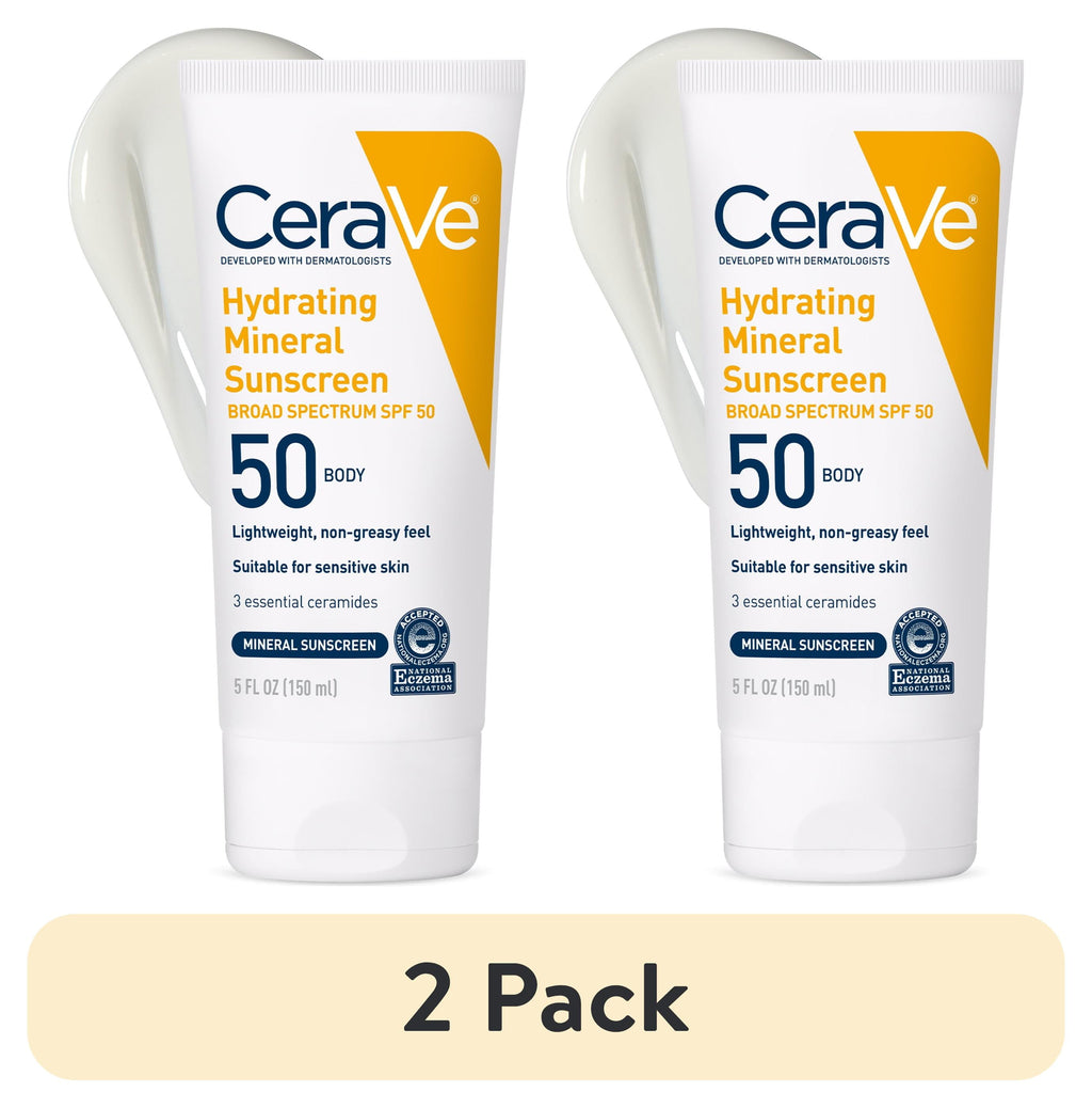 (2 pack) CeraVe Hydrating Mineral Sunscreen SPF 50 for Sensitive Skin, Kids & Adults Body Lotion 5 fl oz