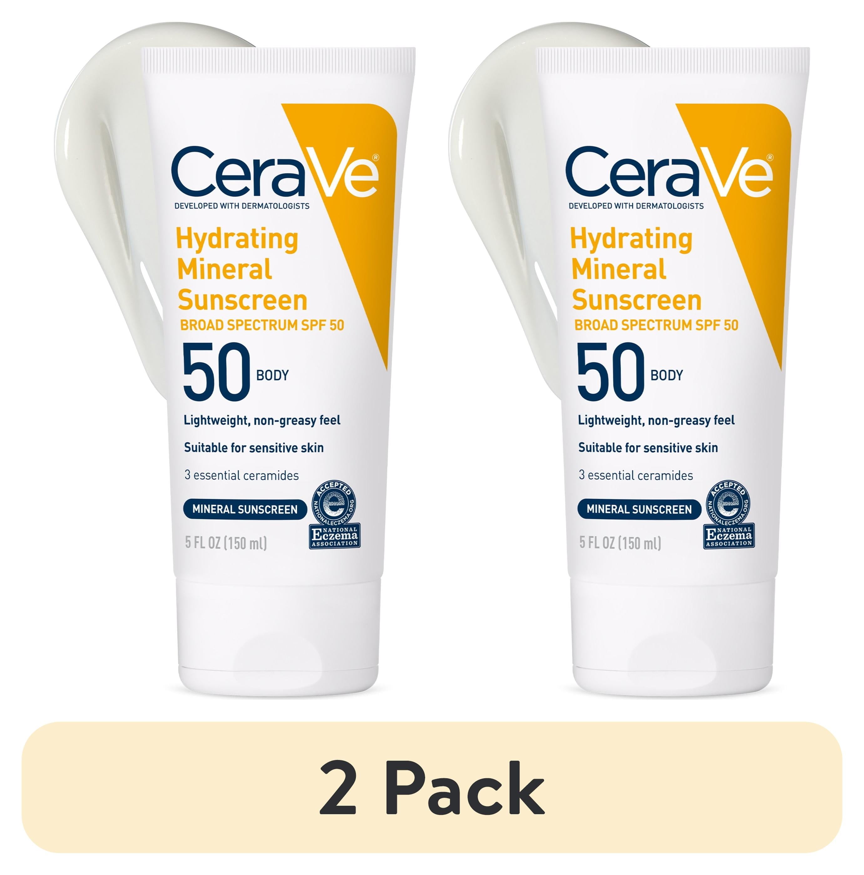 (2 pack) CeraVe Hydrating Mineral Sunscreen SPF 50 for Sensitive Skin, Kids & Adults Body Lotion 5 fl oz