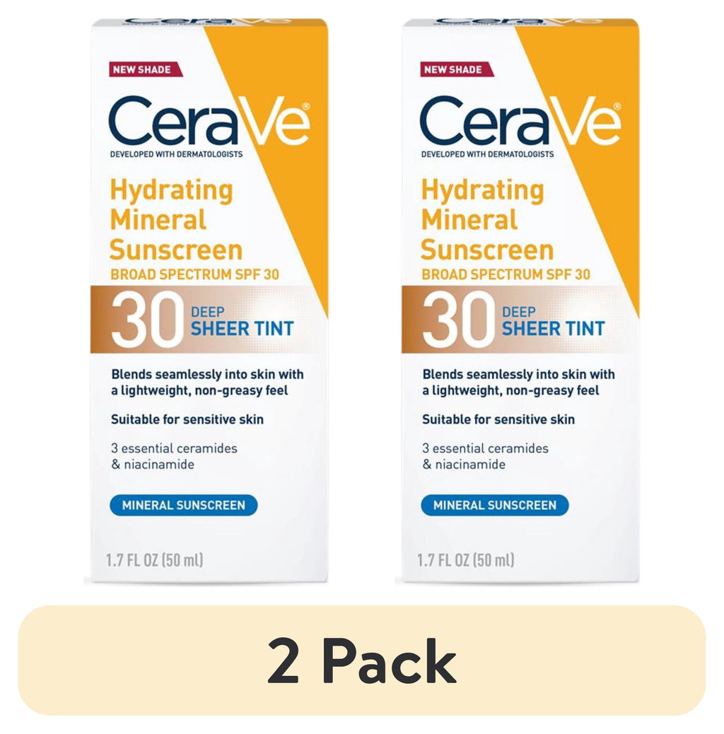 (2 pack) CeraVe Tinted Hydrating Mineral Sunscreen Lotion SPF 30 for Face with Sheer Tint