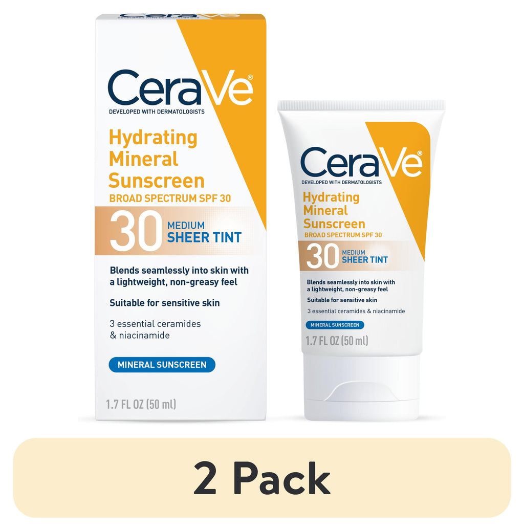 (2 pack) CeraVe Sunscreen Tinted Hydrating 100% Mineral Broad-Spectrum Lotion SPF 30 for Face with Sheer Tint
