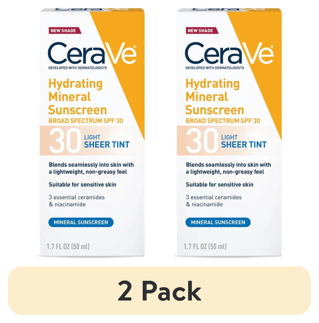 (2 pack) CeraVe Tinted Hydrating Mineral Sunscreen Lotion SPF 30 for Face with Sheer Tint