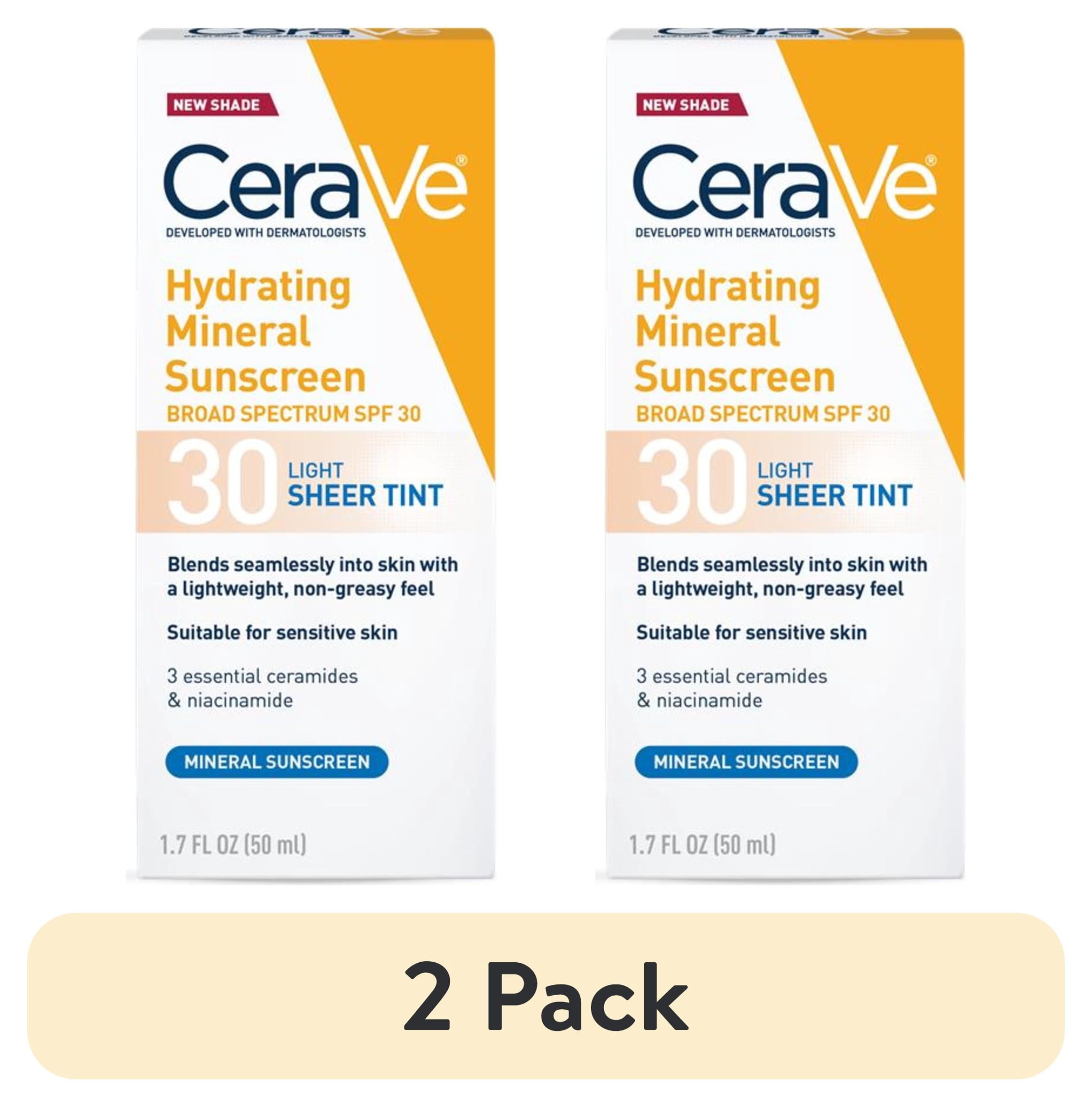(2 pack) CeraVe Tinted Hydrating Mineral Sunscreen Lotion SPF 30 for Face with Sheer Tint