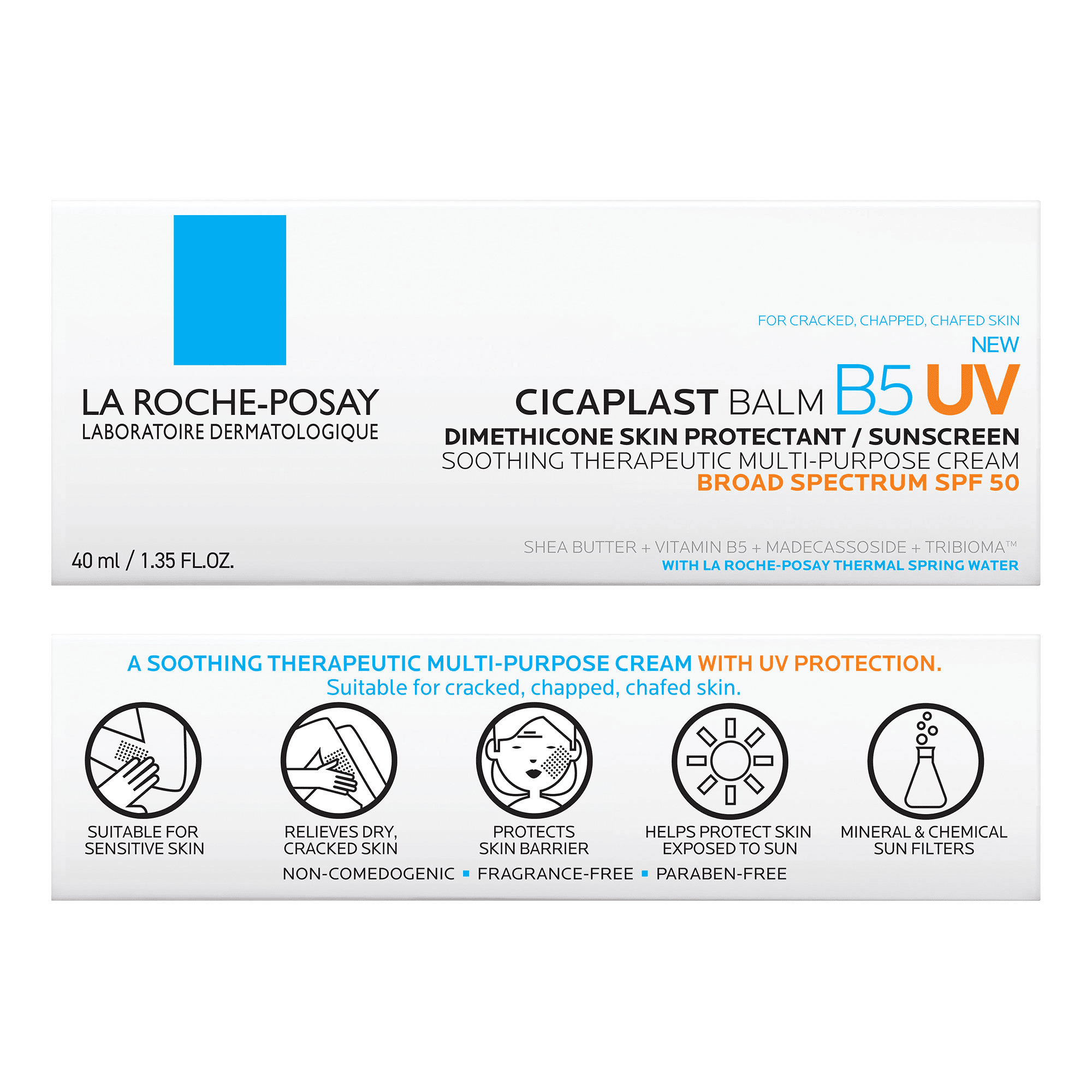 La Roche-Posay Cicaplast Balm B5 UV SPF 50 Face and Body Sunscreen Moisturizer for Sensitive Skin, 1.35 fl oz