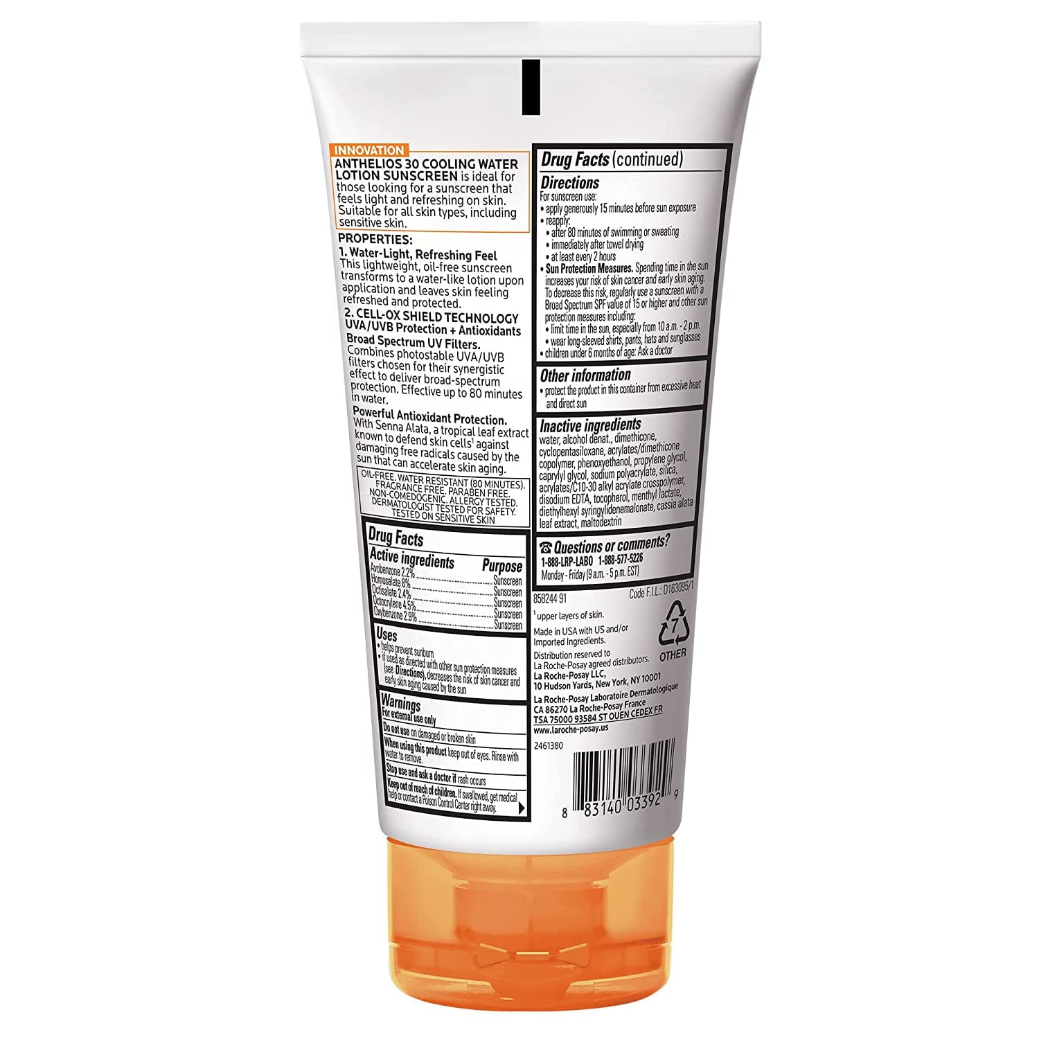 La Roche-Posay Anthelios Cooling Water Sunscreen Lotion SPF 60, 5.0 fl oz