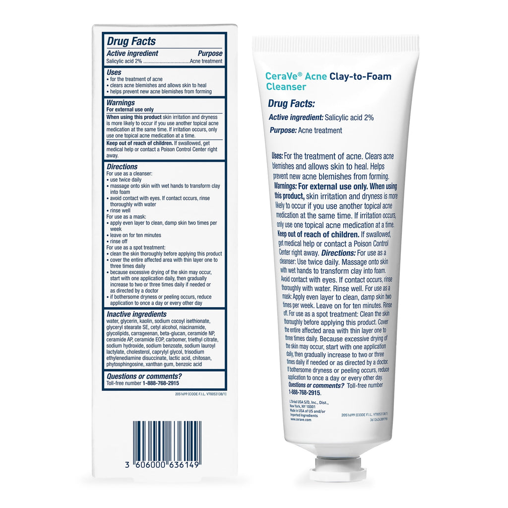 (2 pack) CeraVe Clay to Foam Acne Facial Cleanser, Mask & Spot Treatment for Acne Prone Skin 4 oz