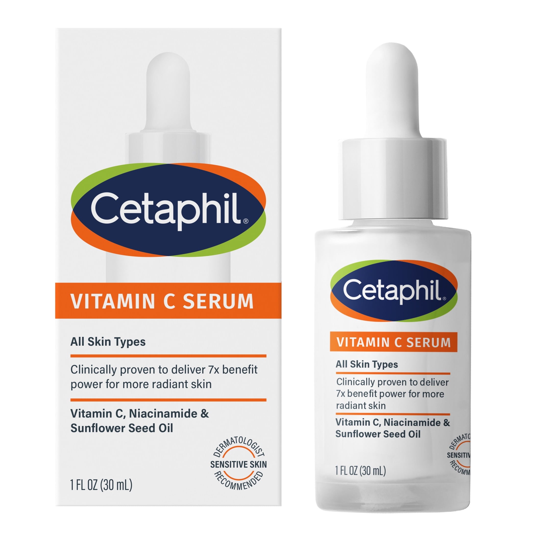 CETAPHIL Vitamin C Serum, Lightweight Face Serum for All Skin Types, Vitamin C, Niacinamide & Sunflower Seed Oil, 1 fl oz