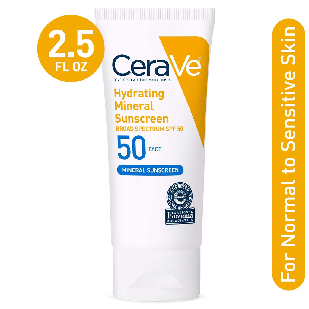 CeraVe Mineral Sunscreen Hydrating SPF 50 Face Lotion for Sensitive Skin, Kids & Adults 2.5 fl oz