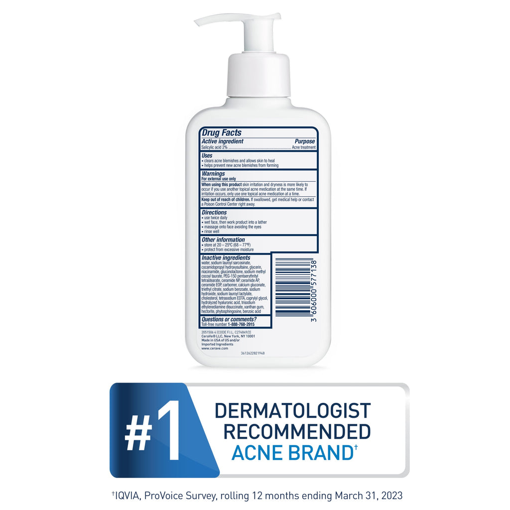 (2 pack) CeraVe Skin Care Acne Control Face Cleanser with 2% Salicylic Acid Clears Acne Blackheads Pores
