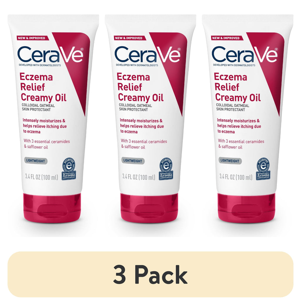 (3 pack) CeraVe Eczema Relief Creamy Body Oil for Itchy Dry Skin with Colloidal Oatmeal, 3.4 fl oz