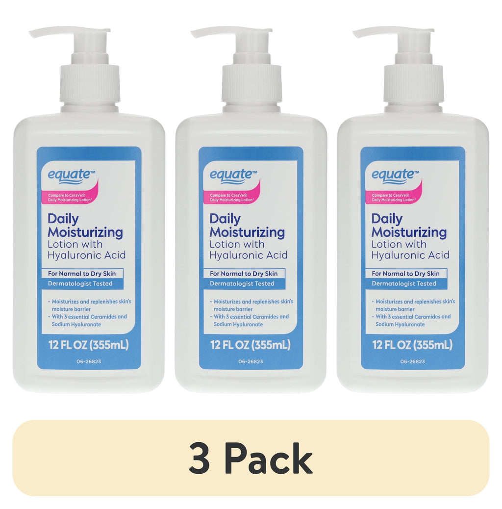 (3 pack) Equate Daily Moisturizing Lotion with Hyaluronic Acid, 12 fl oz