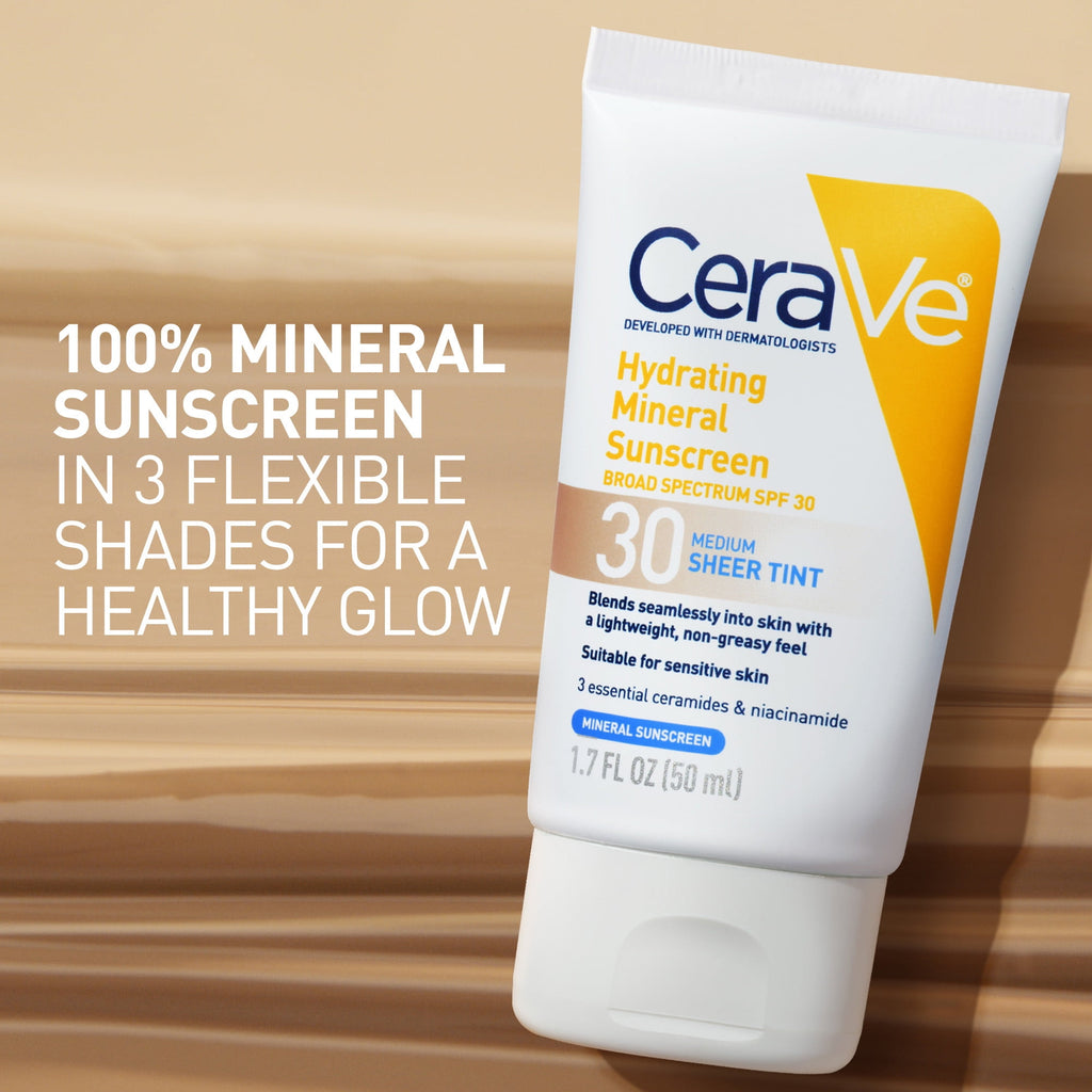 (2 pack) CeraVe Sunscreen Tinted Hydrating 100% Mineral Broad-Spectrum Lotion SPF 30 for Face with Sheer Tint