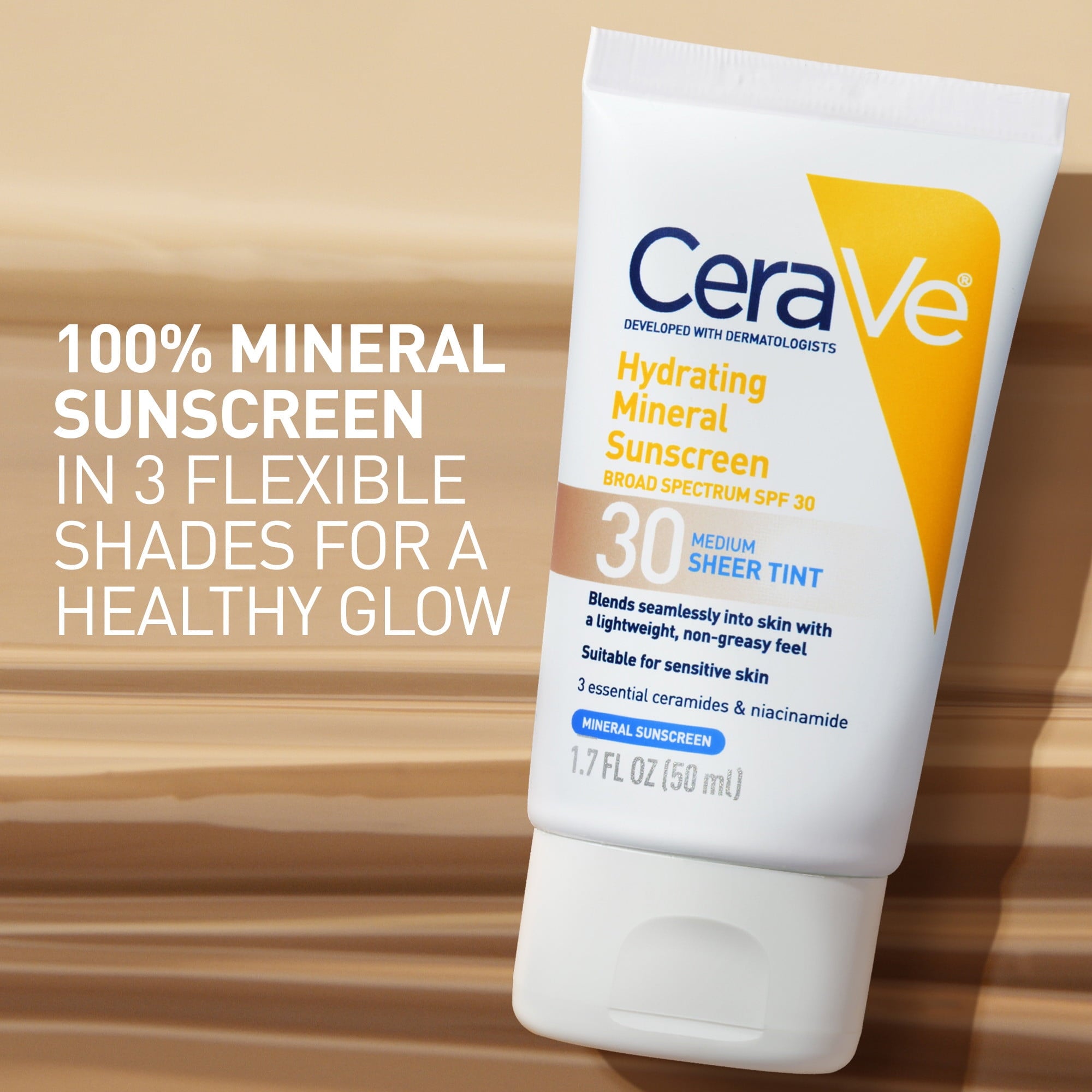(2 pack) CeraVe Sunscreen Tinted Hydrating 100% Mineral Broad-Spectrum Lotion SPF 30 for Face with Sheer Tint