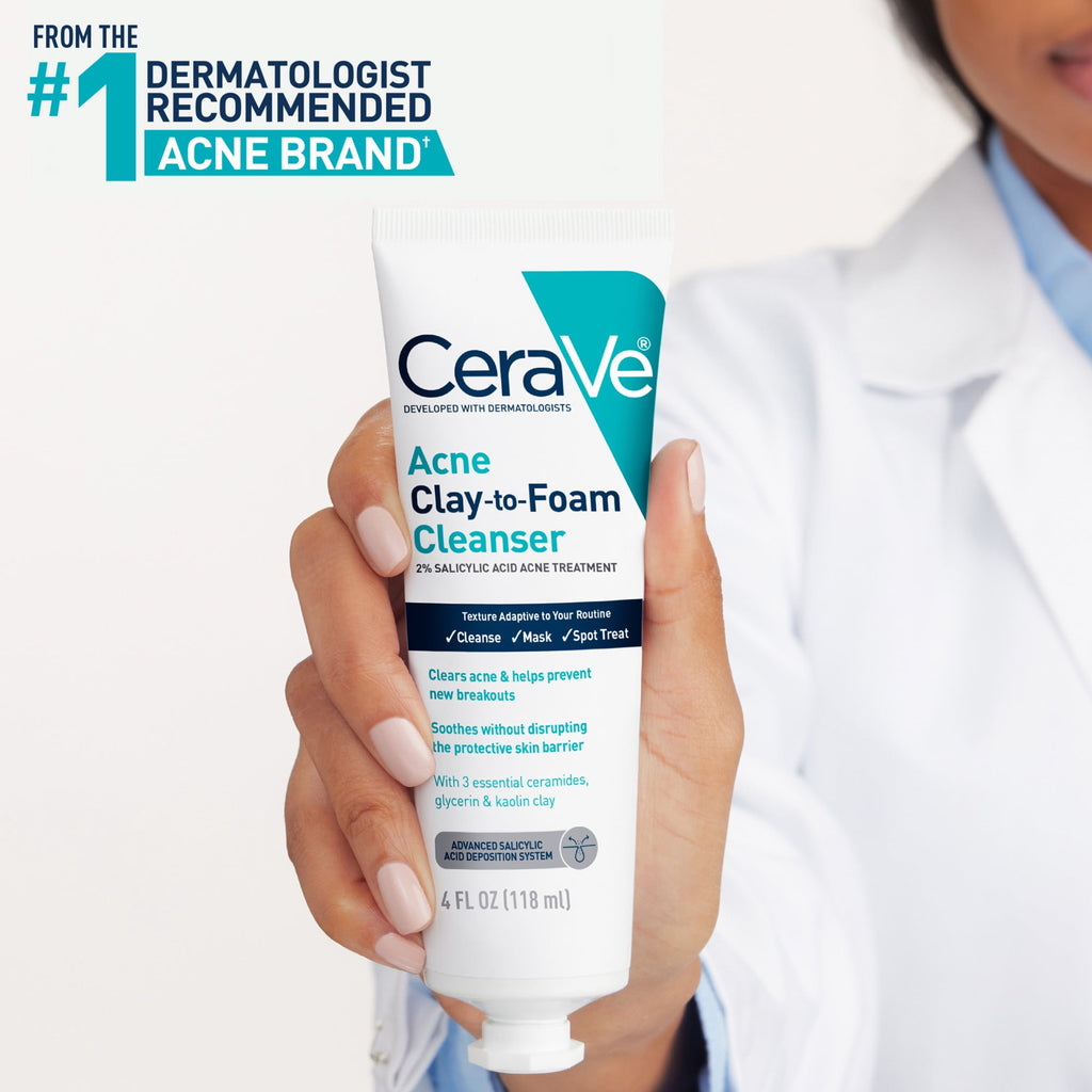 CeraVe Clay to Foam Acne Facial Cleanser, Mask & Spot Treatment for Acne Prone Skin 4 oz