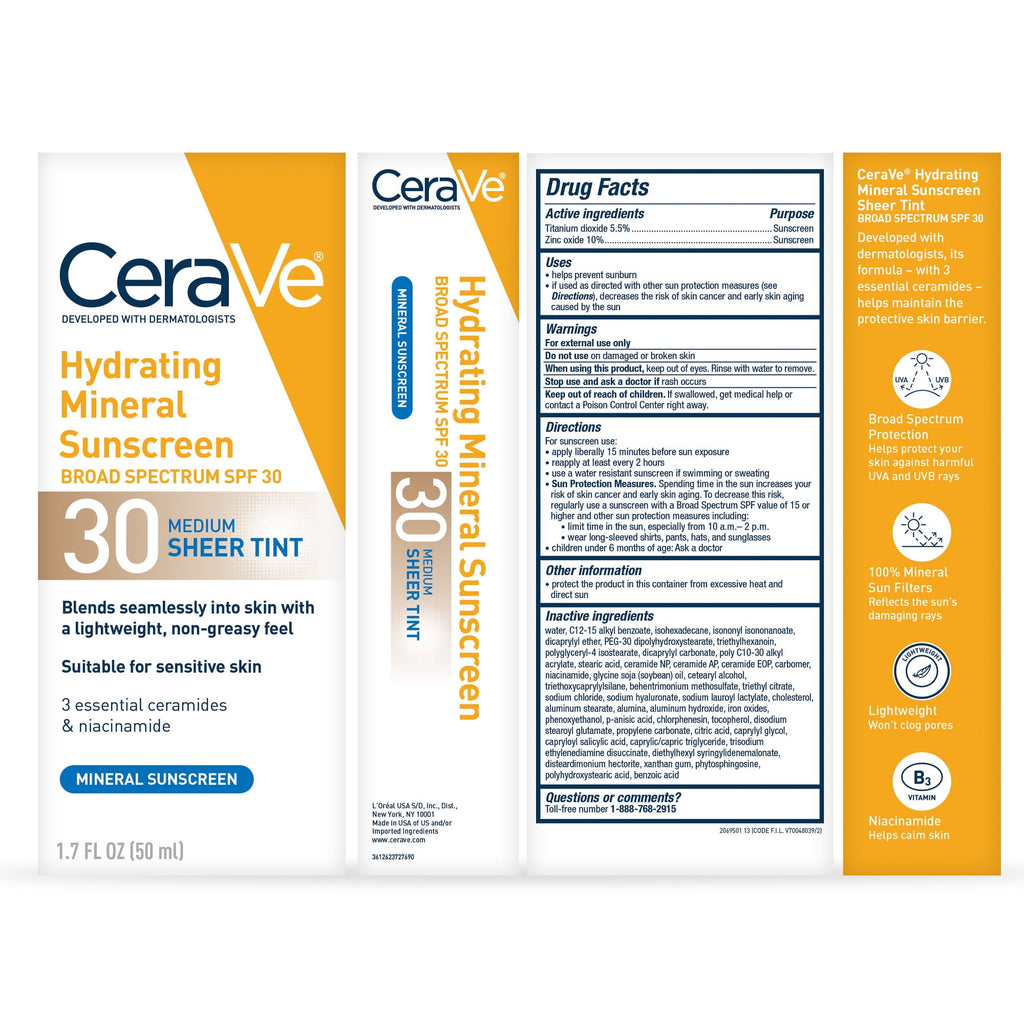 (2 pack) CeraVe Sunscreen Tinted Hydrating 100% Mineral Broad-Spectrum Lotion SPF 30 for Face with Sheer Tint
