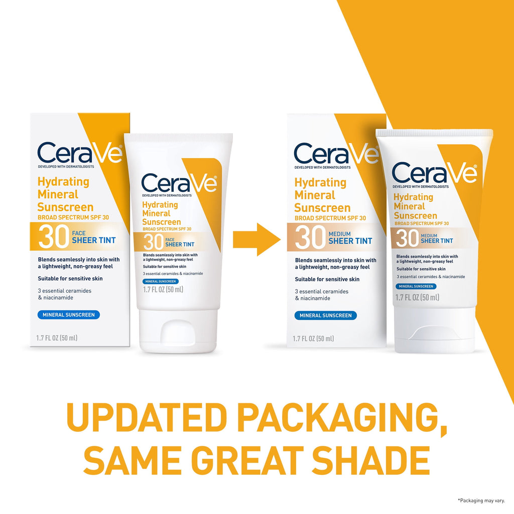 (2 pack) CeraVe Sunscreen Tinted Hydrating 100% Mineral Broad-Spectrum Lotion SPF 30 for Face with Sheer Tint