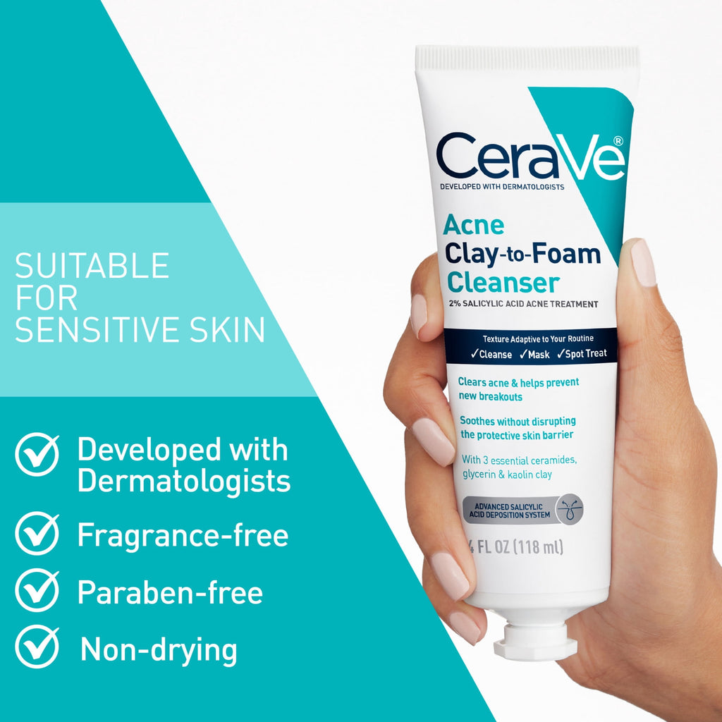 (2 pack) CeraVe Clay to Foam Acne Facial Cleanser, Mask & Spot Treatment for Acne Prone Skin 4 oz