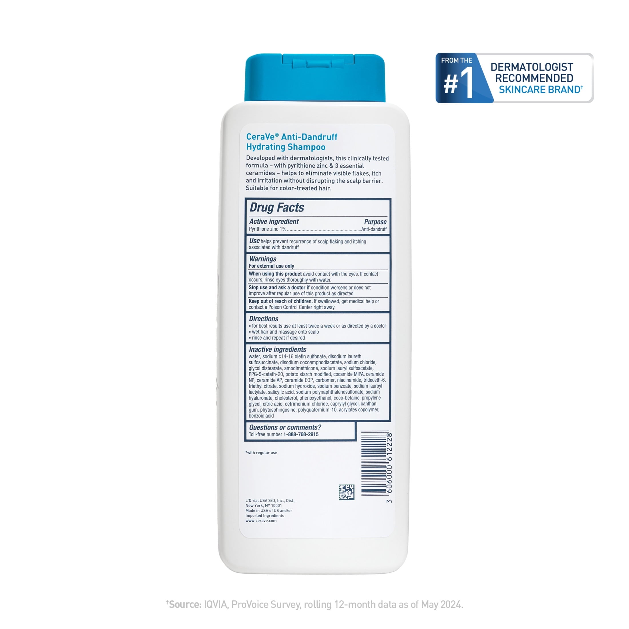 CeraVe Hydrating Anti-Dandruff Shampoo, 1% Pyrithione Zinc Dandruff Treatment With Ceramides, Niacinamide & Hyaluronic Acid, For Help With Flakey Itchy Scalp, 12 fl oz