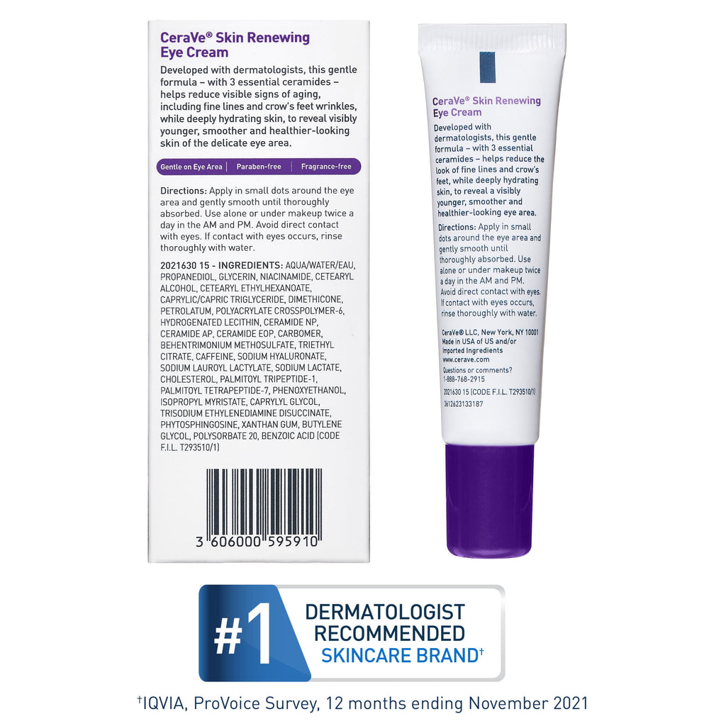 (2 pack) CeraVe Skin Care Renewing Eye Cream for Dark Circles & Puffiness with Peptides, Hyaluronic Acid, Niacinamide, Caffeine, Fragrance Free 0.5 fl oz