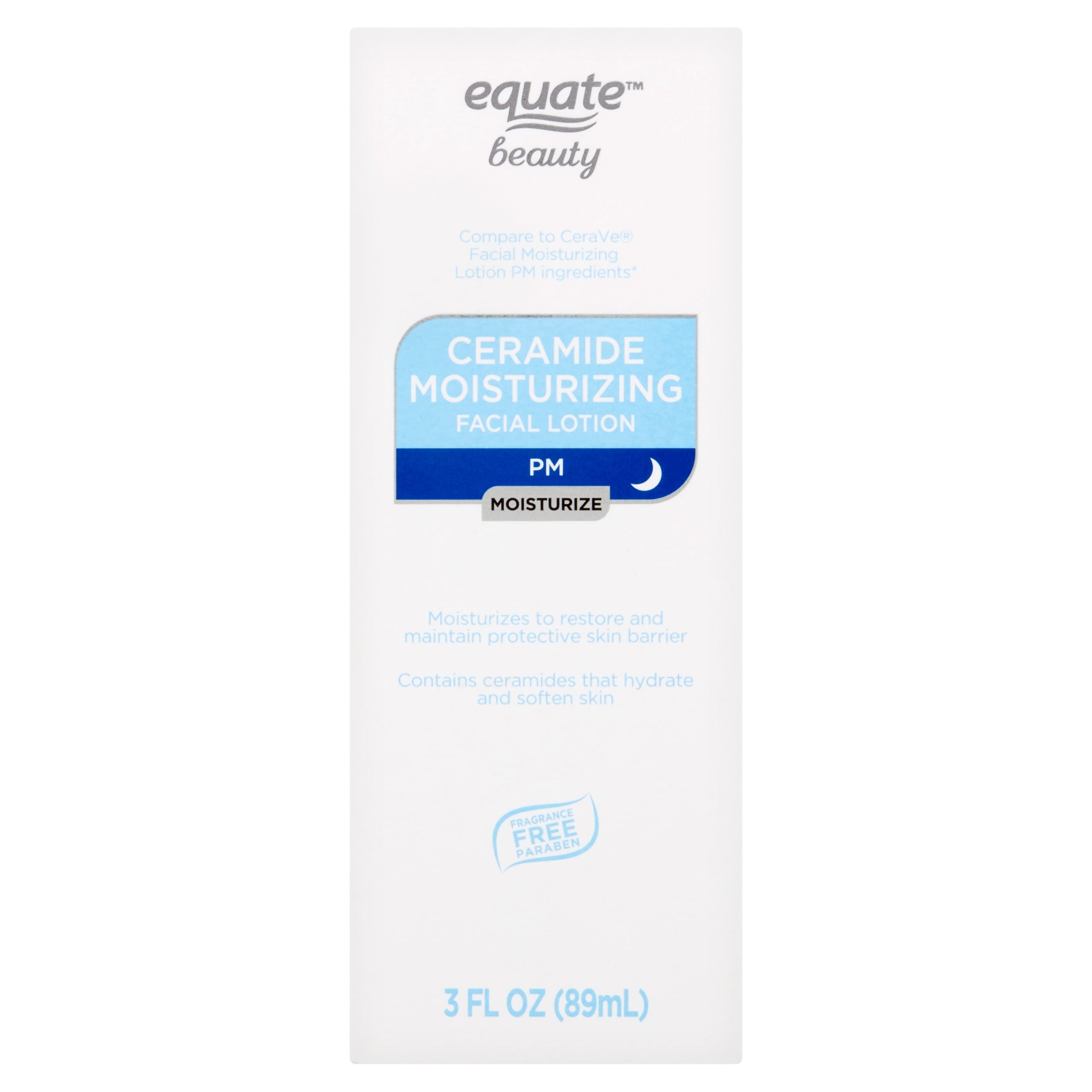 Equate Night Time Ceramide Moisturizing Facial Lotion for Face Care to Restore & Protect Skin, Fragrance Free, 3 fl oz, Compare to CeraVe® Facial Moisturizing Lotion PM Ingredients