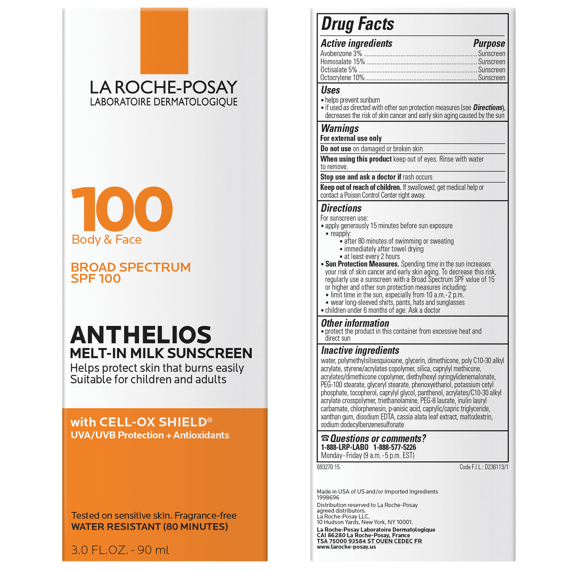 La Roche-Posay Anthelios Melt-In Milk Sunscreen SPF 100 for Face and Body for All Skin Types, 3.0 fl oz