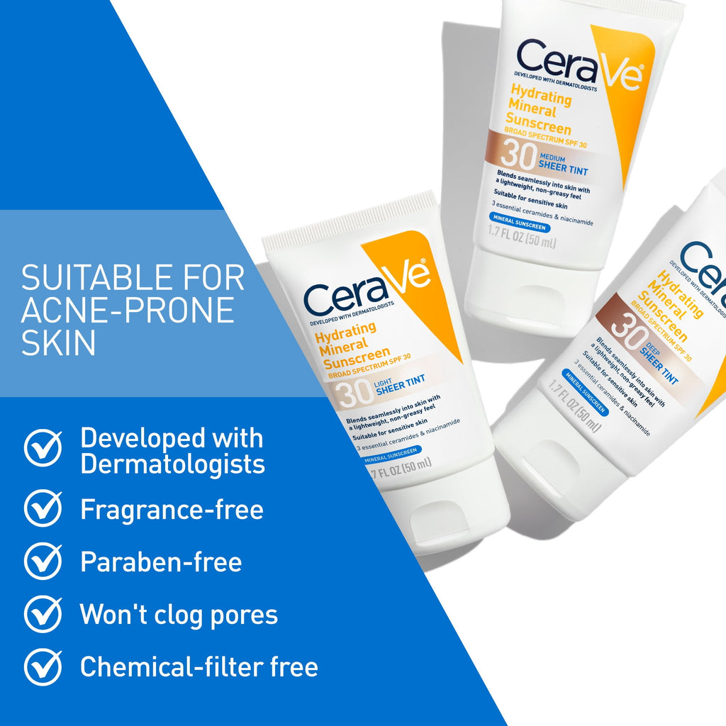 (2 pack) CeraVe Tinted Hydrating Mineral Sunscreen Lotion SPF 30 for Face with Sheer Tint