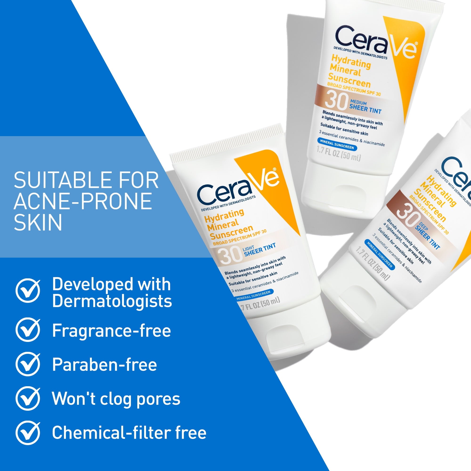 (2 pack) CeraVe Tinted Hydrating Mineral Sunscreen Lotion SPF 30 for Face with Sheer Tint
