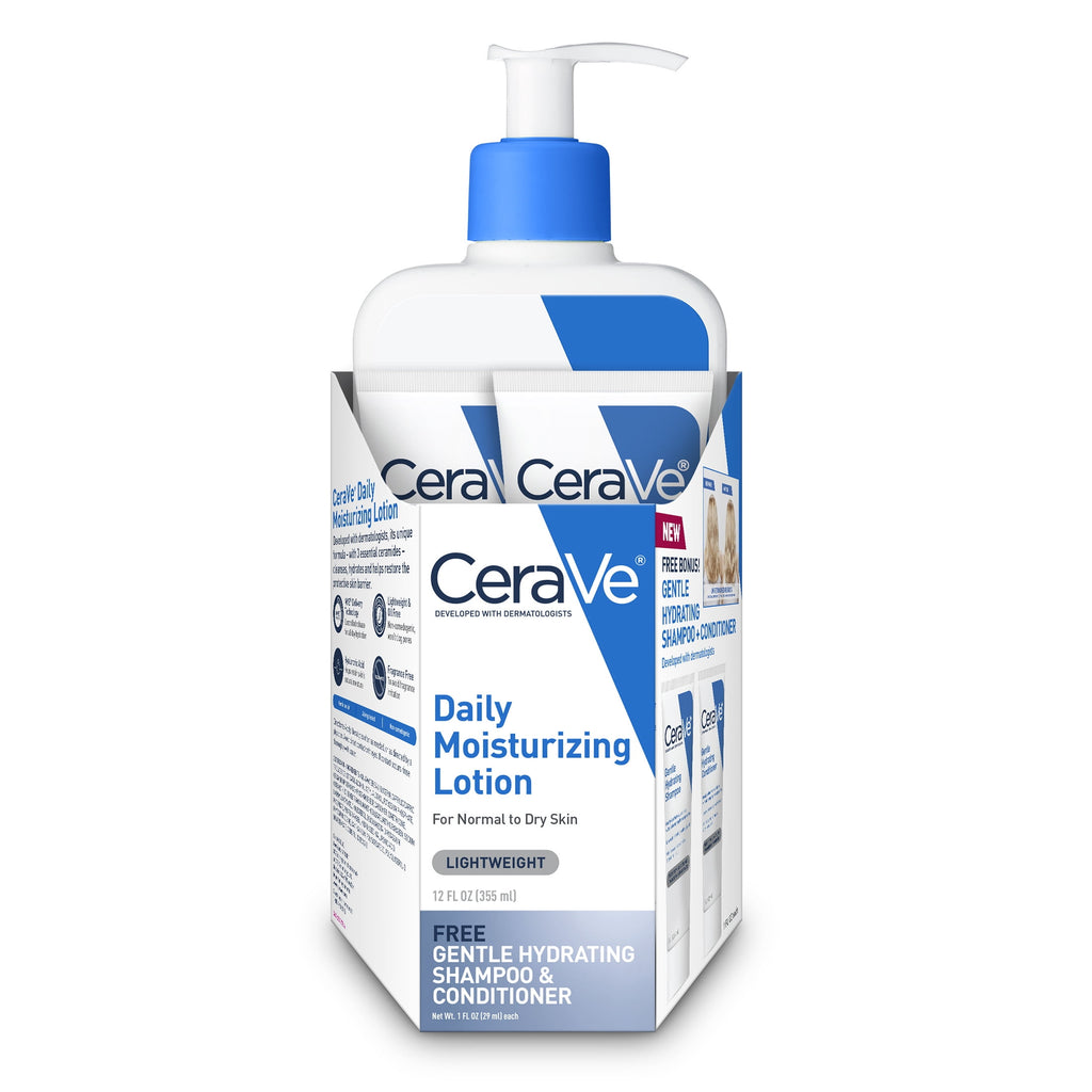 CeraVe Daily Moisturizing Lotion 12 oz, Gentle Hydrating Shampoo & Conditioner (2 x 1oz)