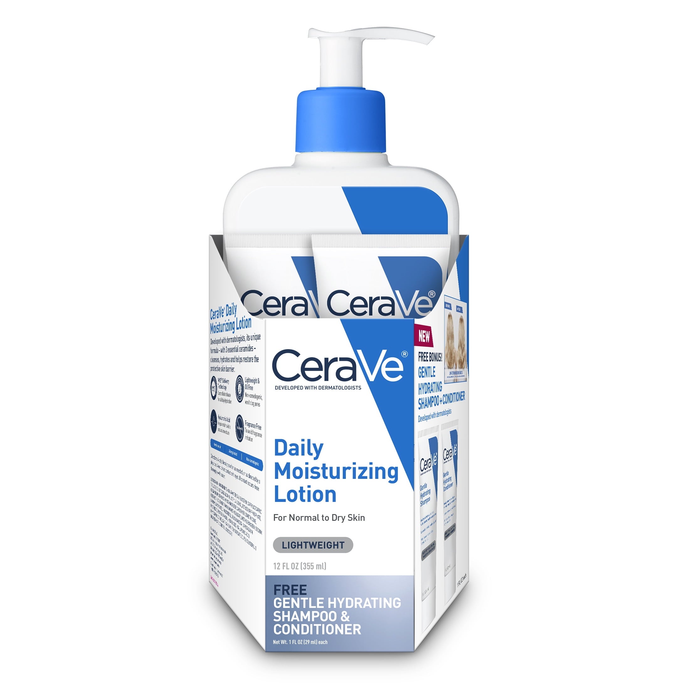 CeraVe Daily Moisturizing Lotion 12 oz, Gentle Hydrating Shampoo & Conditioner (2 x 1oz)