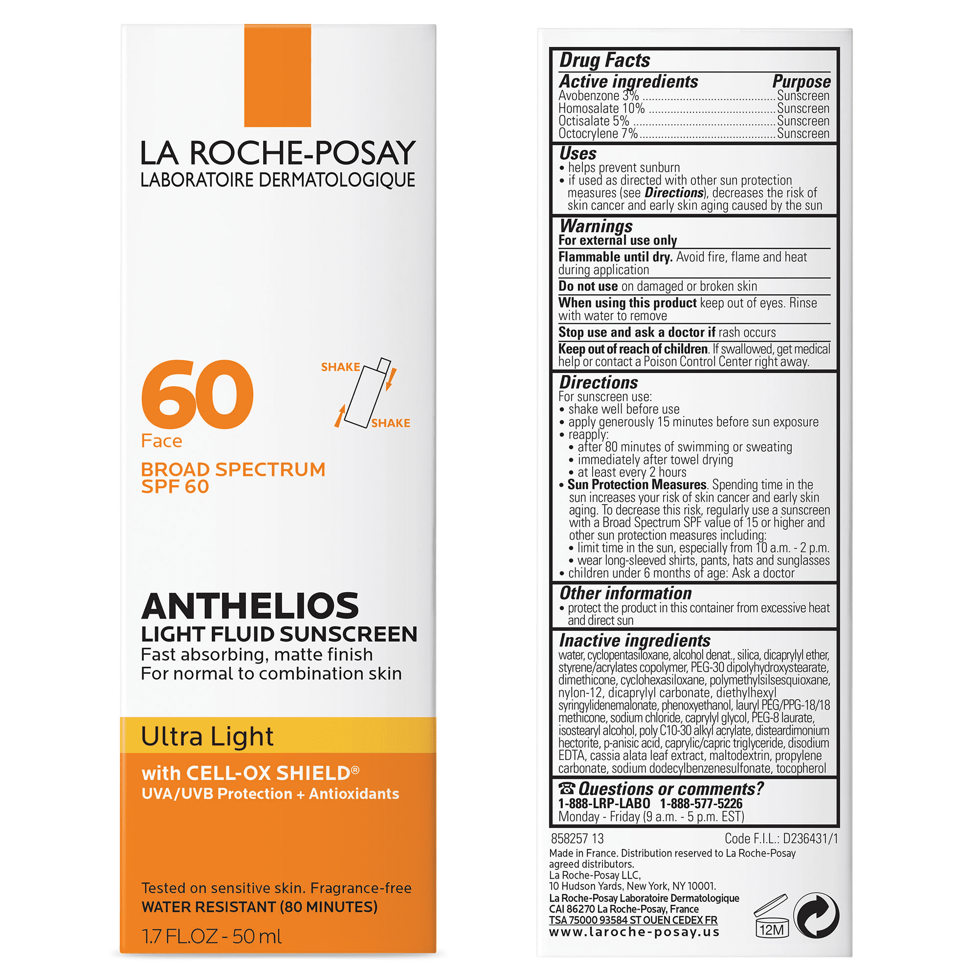 La Roche-Posay Anthelios Ultra Light Fluid Facial Sunscreen Fluid SPF 60 for All Skin Types, 1.7 fl oz