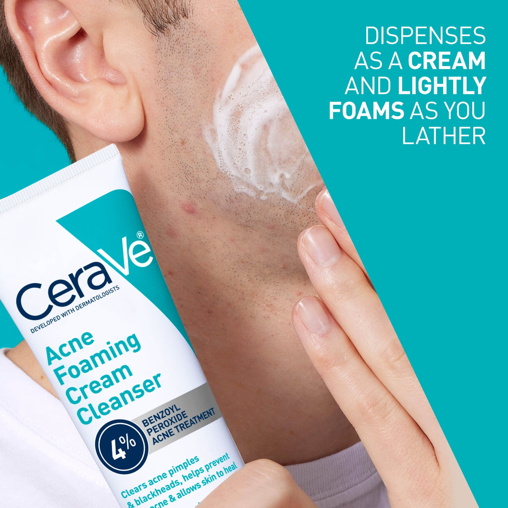 Cerave Acne Foaming Cream Cleanser with 4% Benzoyl Peroxide, Hyaluronic Acid, Niacinamide Cream-to-Foam Formula 5 fl oz