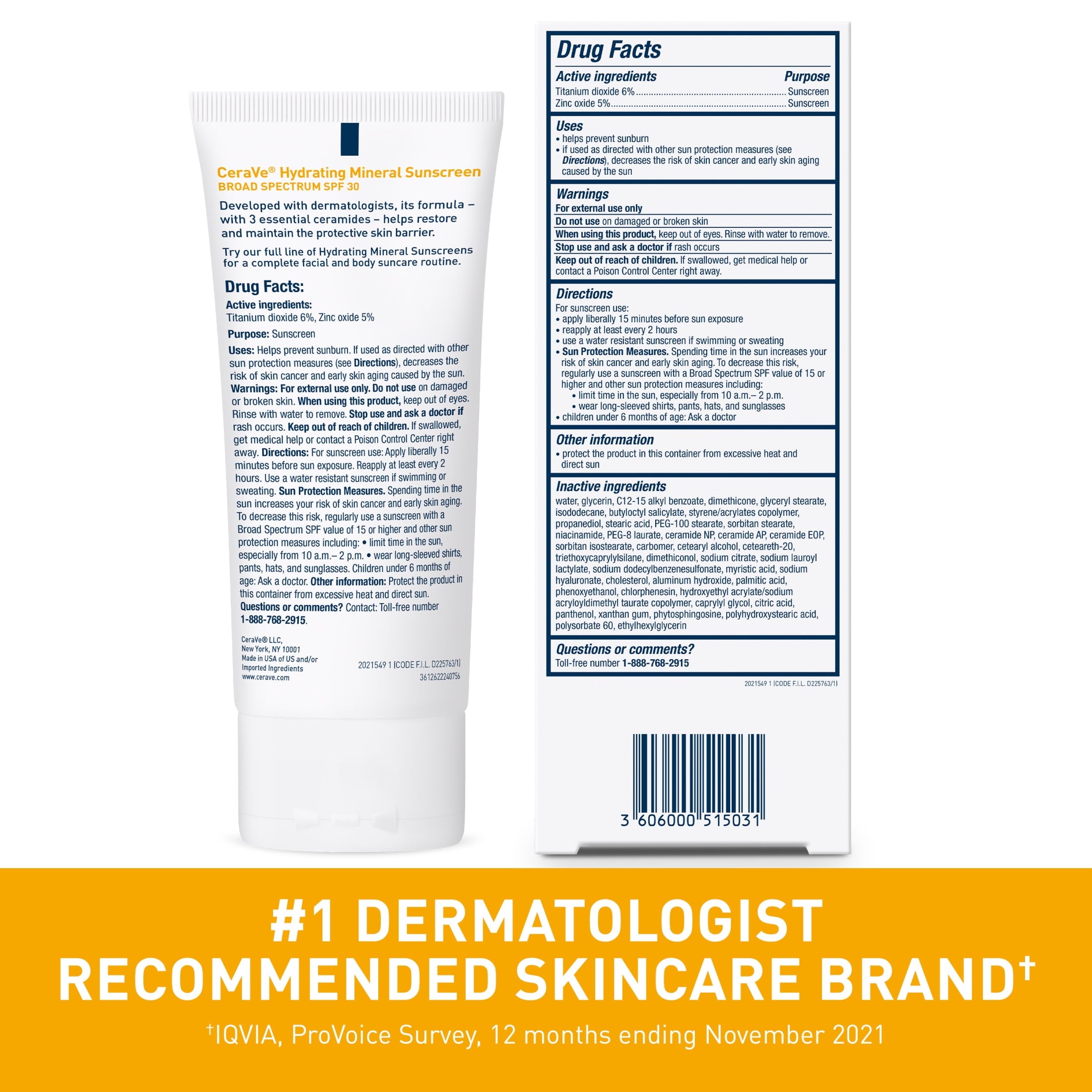 CeraVe Hydrating Mineral Sunscreen SPF 30 Face Lotion for Sensitive Skin, Kids & Adults 2.5 oz