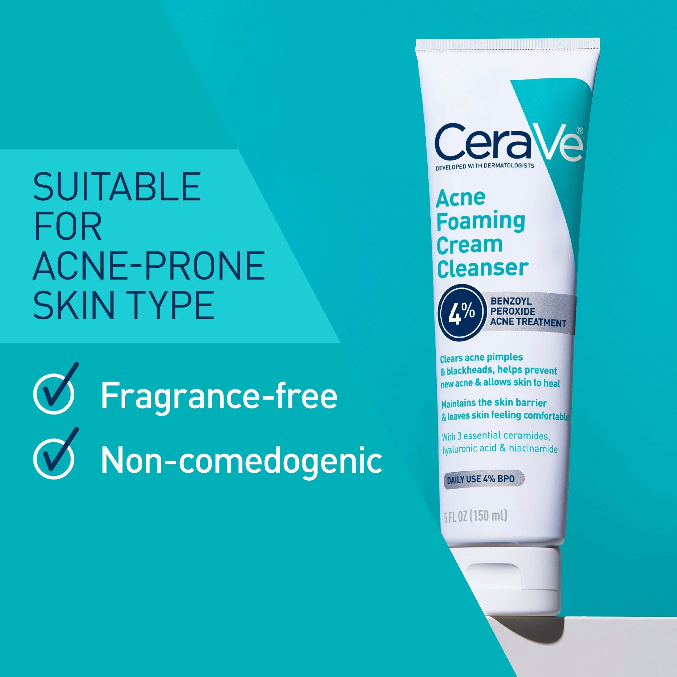 Cerave Acne Foaming Cream Cleanser with 4% Benzoyl Peroxide, Hyaluronic Acid, Niacinamide Cream-to-Foam Formula 5 fl oz