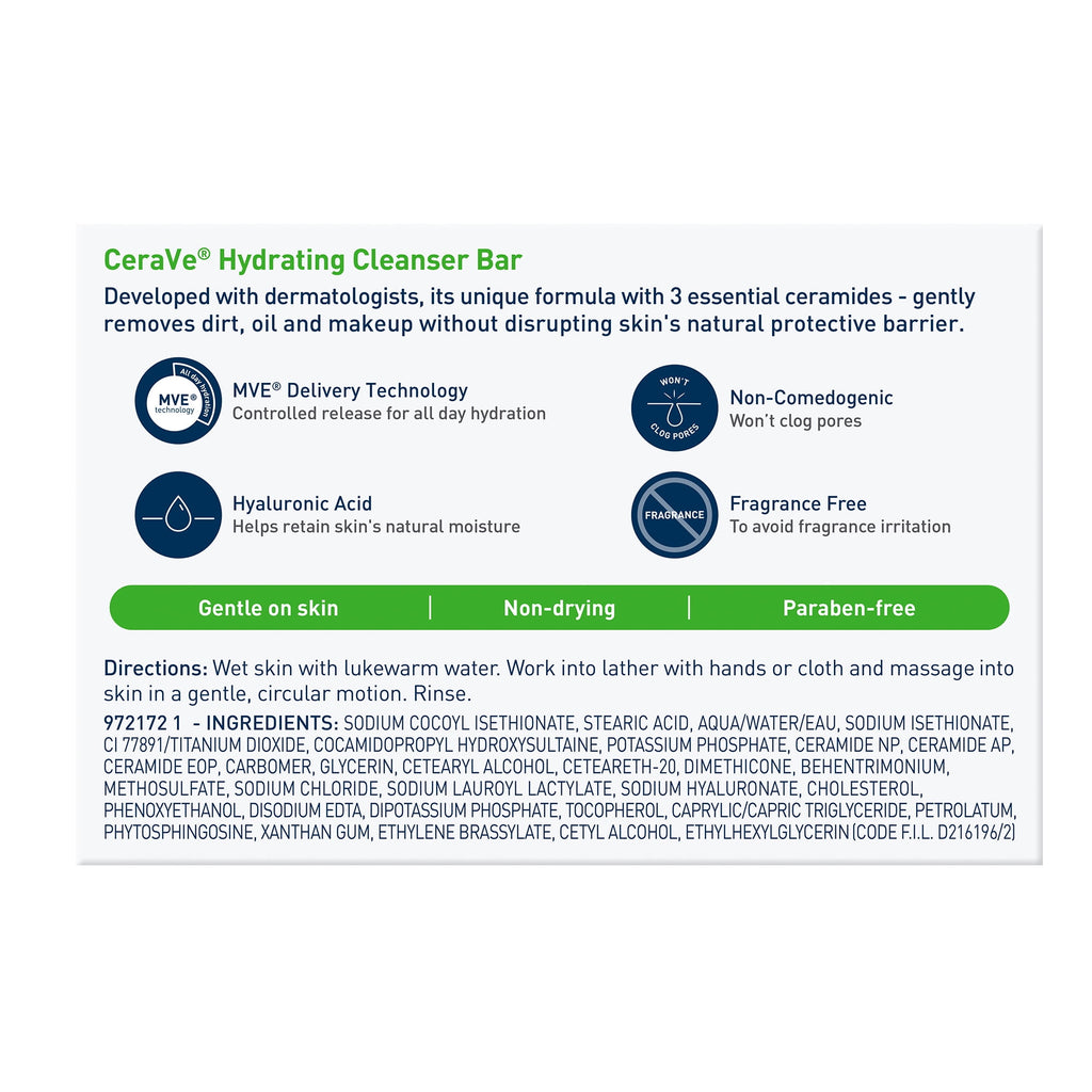 (2 pack) CeraVe Hydrating Cleansing Bar for Face and Body for Normal to Dry Skin, 4.5 oz