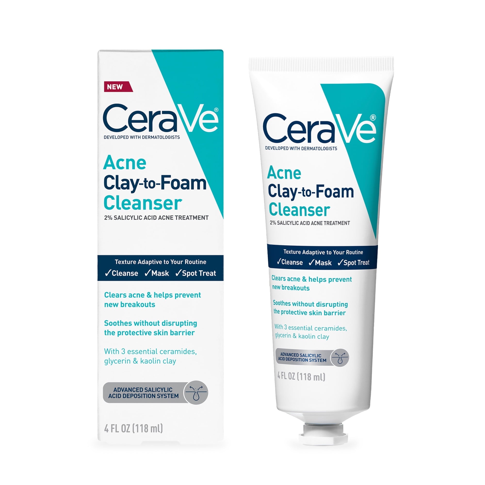 (2 pack) CeraVe Clay to Foam Acne Facial Cleanser, Mask & Spot Treatment for Acne Prone Skin 4 oz