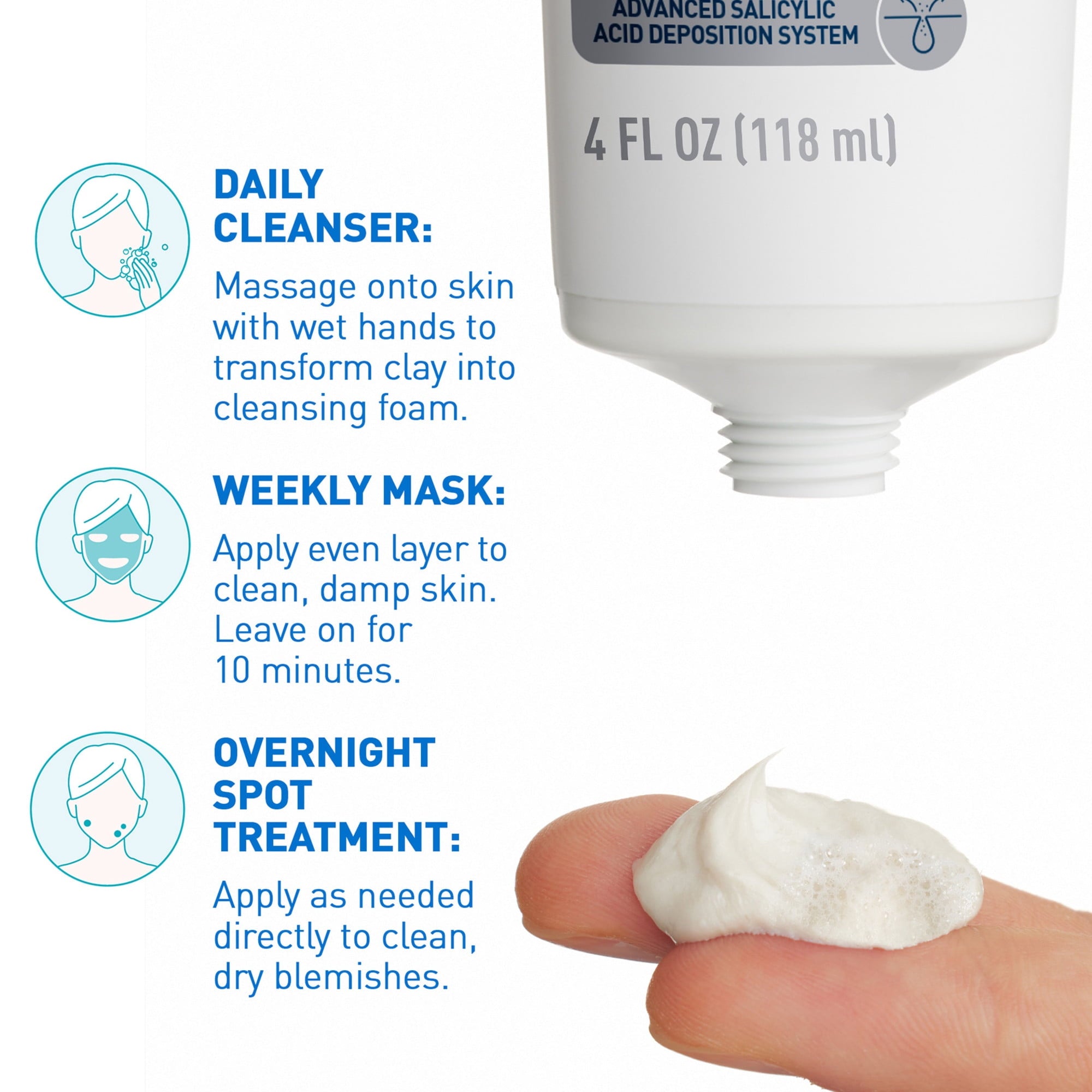 (2 pack) CeraVe Clay to Foam Acne Facial Cleanser, Mask & Spot Treatment for Acne Prone Skin 4 oz