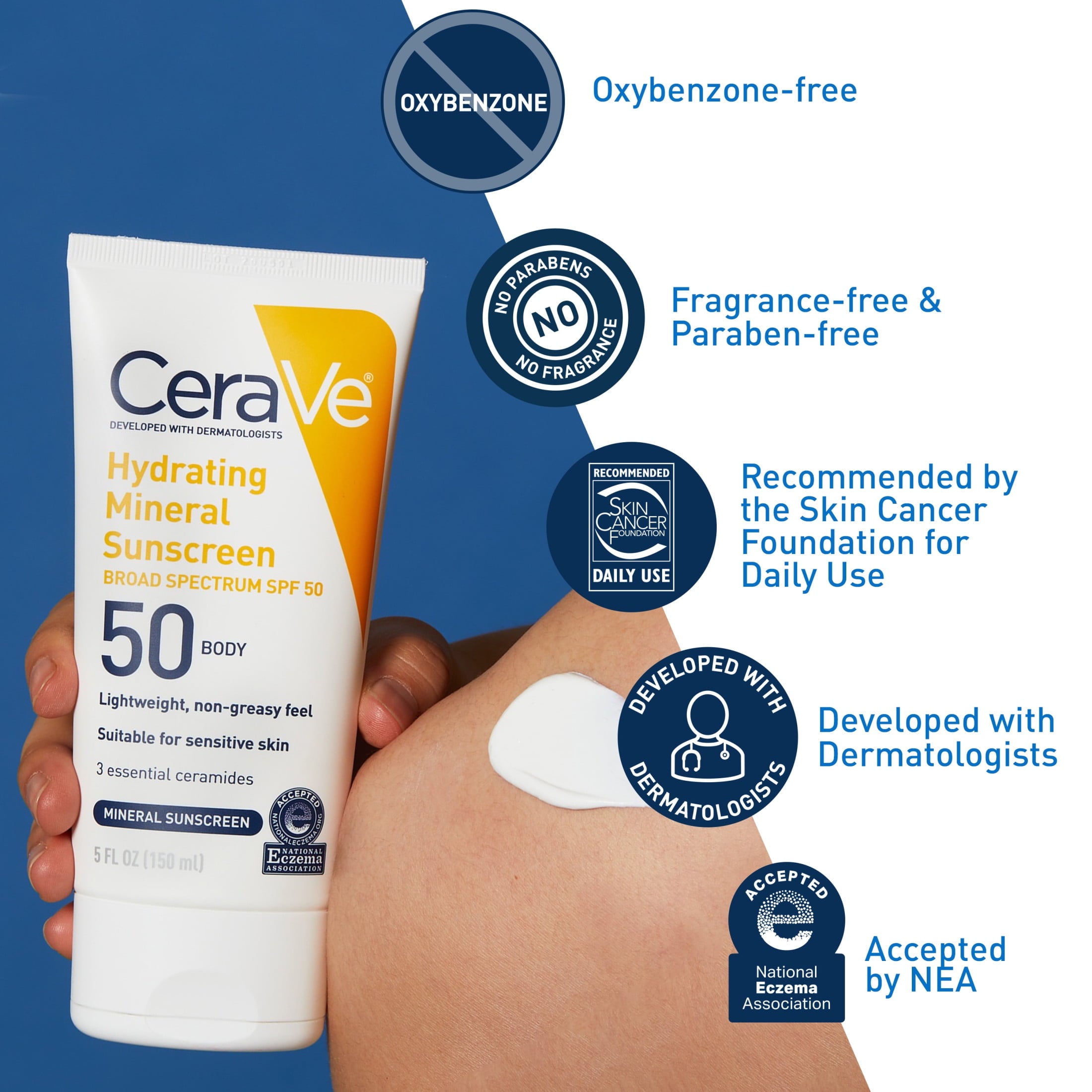 CeraVe Hydrating Mineral Sunscreen SPF 50 for Sensitive Skin, Kids & Adults Body Lotion 5 fl oz