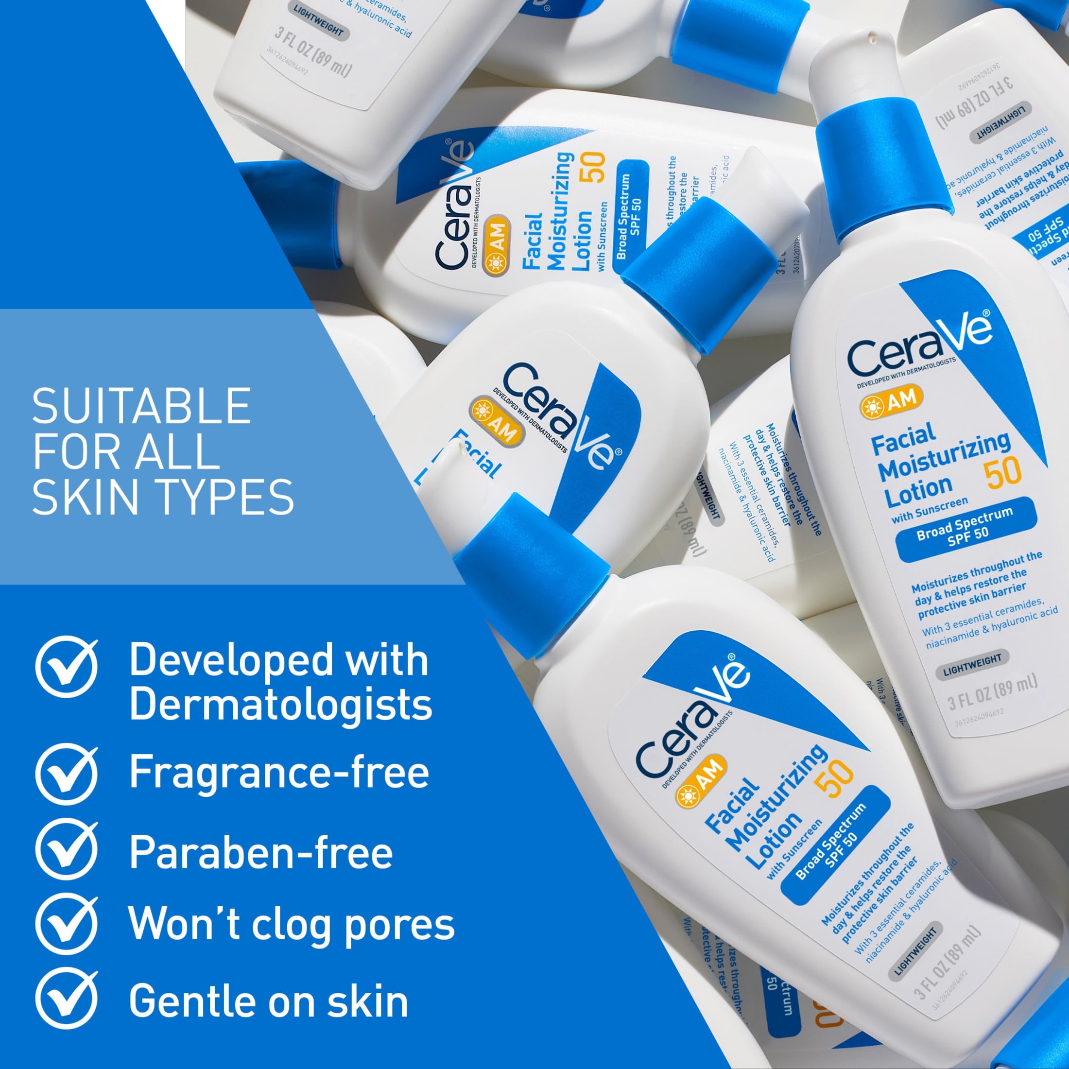 CeraVe AM Moisturizing Face Lotion with SPF 50 Sun Protection for Normal to Oily Skin, 3 fl oz