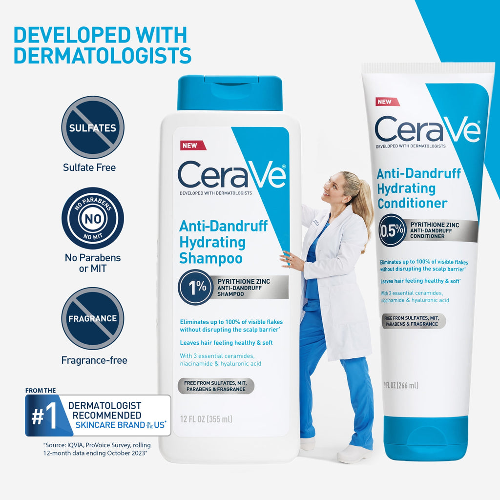 CeraVe Hydrating Anti-Dandruff Shampoo, 1% Pyrithione Zinc Dandruff Treatment With Ceramides, Niacinamide & Hyaluronic Acid, For Help With Flakey Itchy Scalp, 12 fl oz