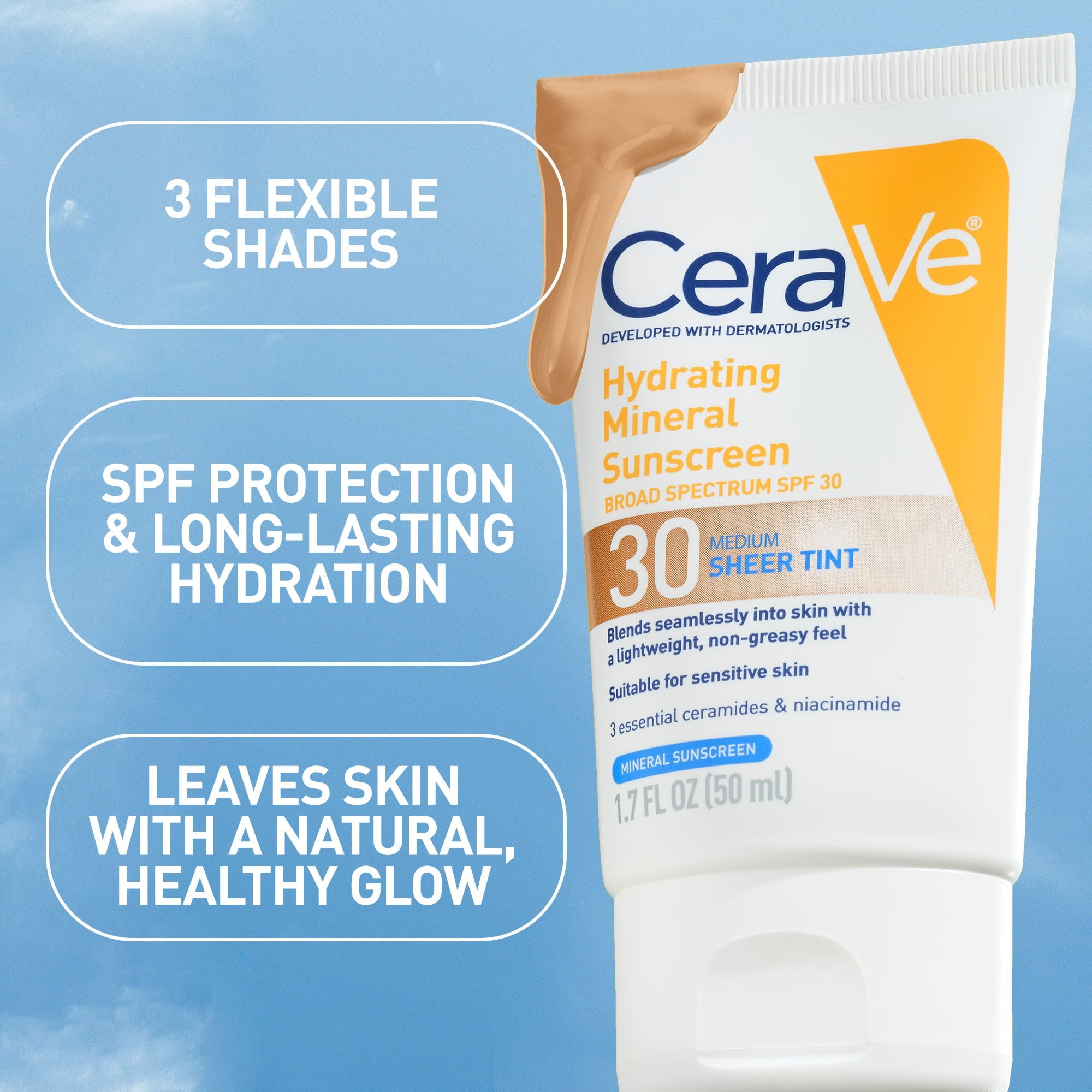 (2 pack) CeraVe Sunscreen Tinted Hydrating 100% Mineral Broad-Spectrum Lotion SPF 30 for Face with Sheer Tint