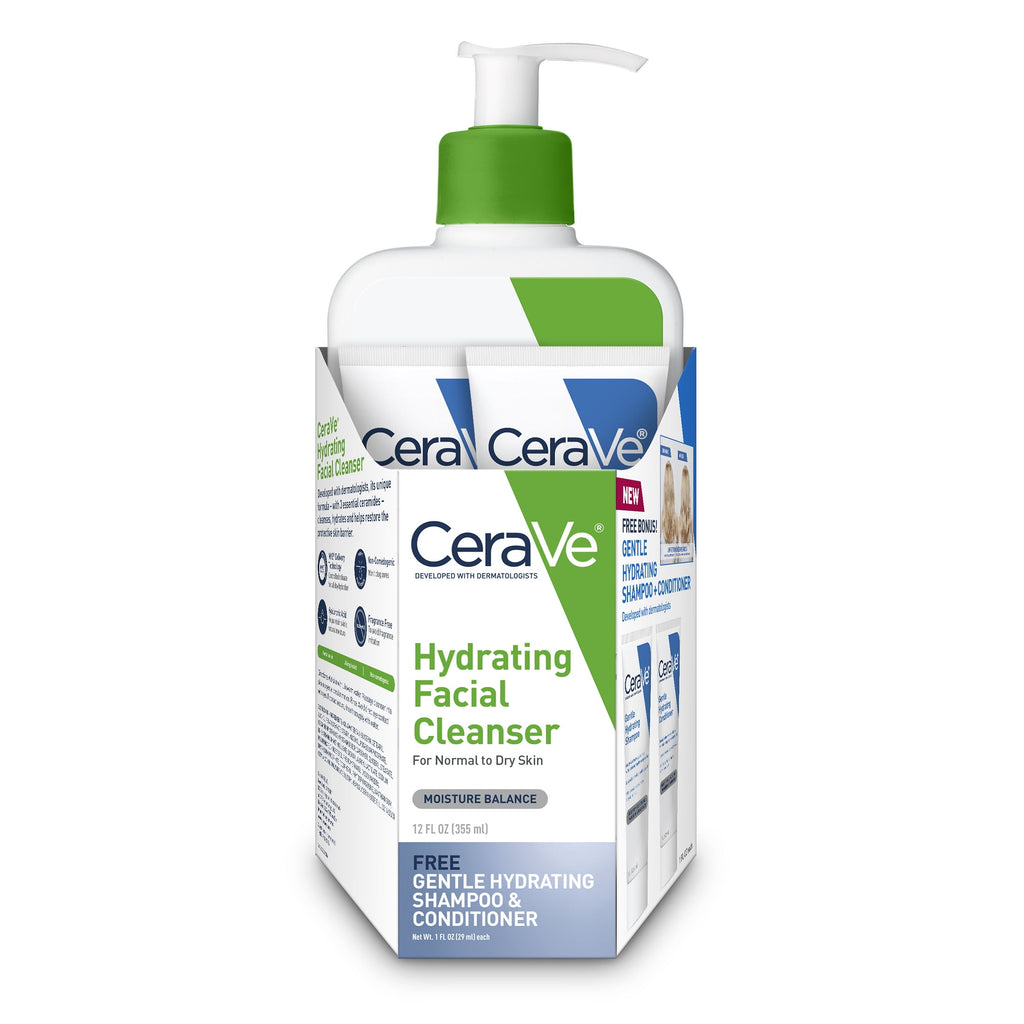 CeraVe Hydrating Facial Cleanser Bundle with CeraVe Hair Samples, 14 fl oz