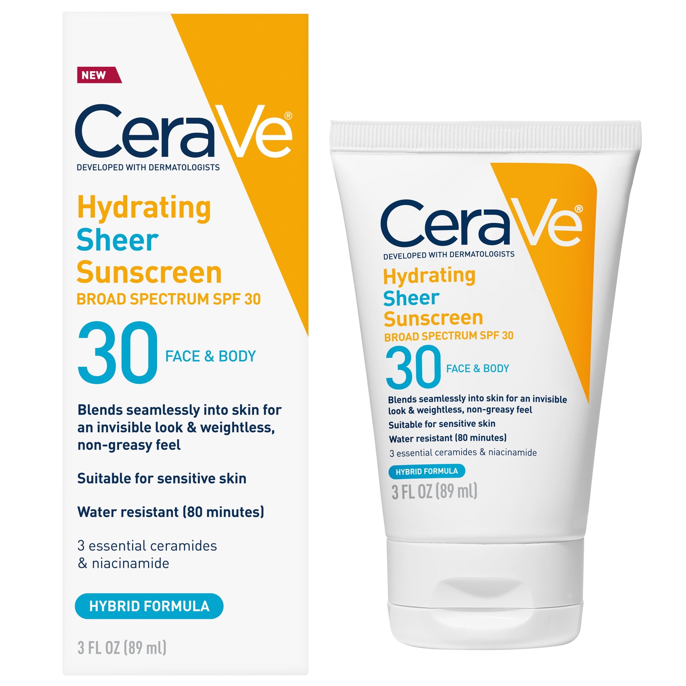 CeraVe Face Sunscreen Hydrating SPF 30 Broad Spectrum Hybrid Mineral Water Resistant Non-Comedogenic Lotion, 3 fl oz