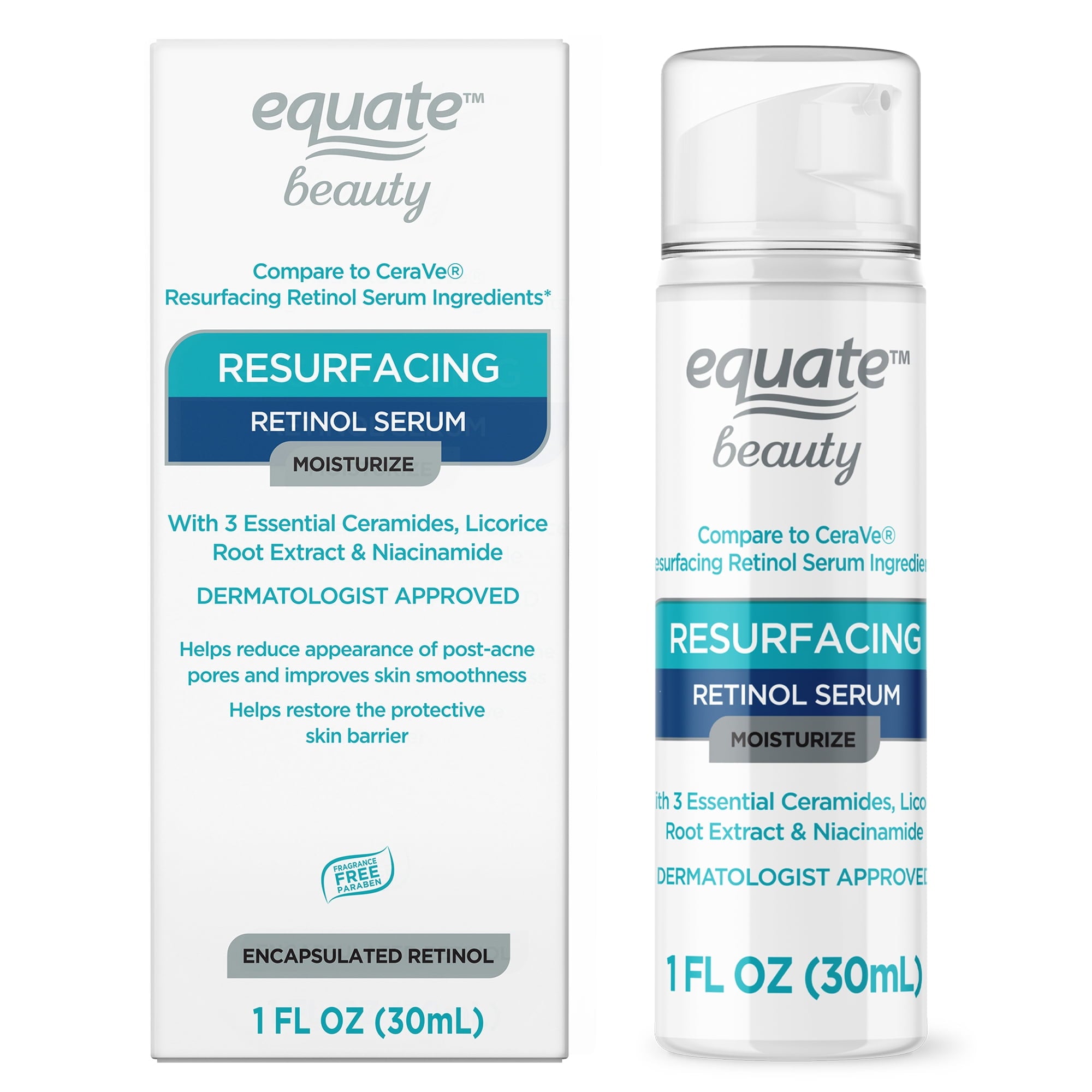 Equate Resurfacing Retinol Moisturizing Serum for Face Care, Compare to CeraVe® Resurfacing Retinol Serum Ingredients, 1 fl oz