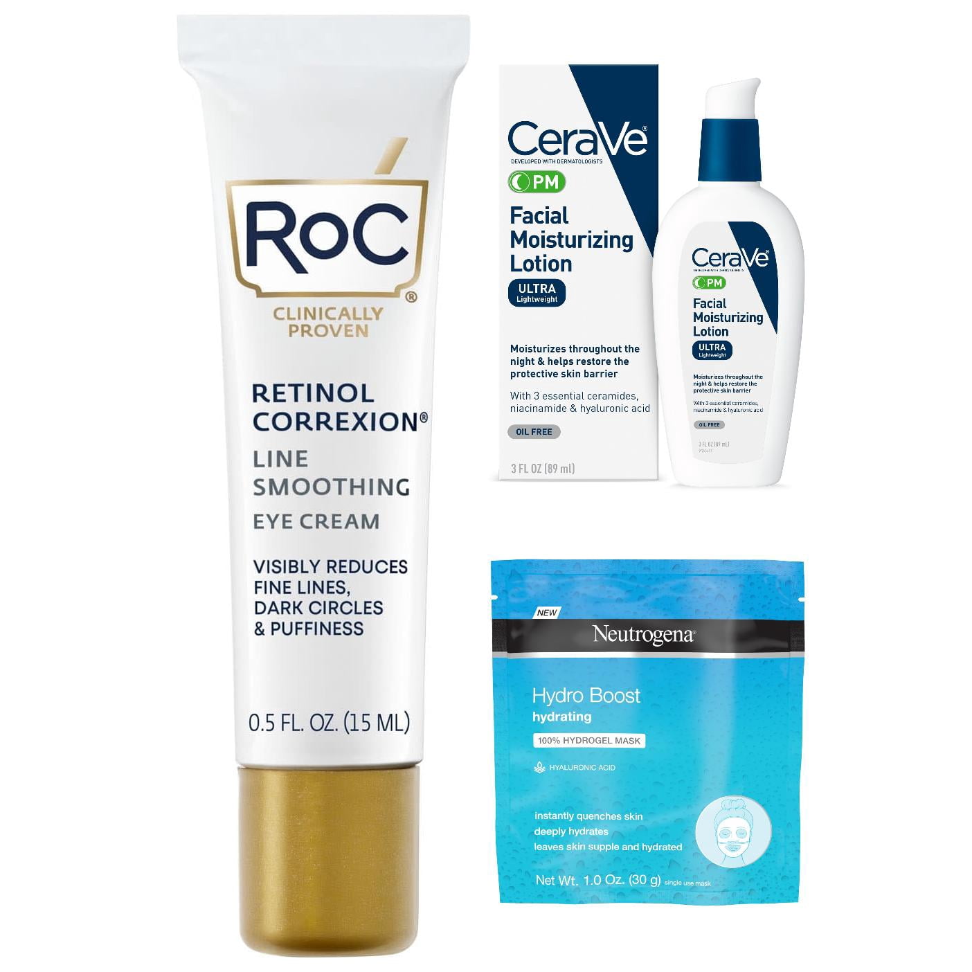 Nighttime Skincare Treatment Bundle with RoC Eye Cream, CeraVe PM Moisturizer & Neutrogena Hydro Boost Mask